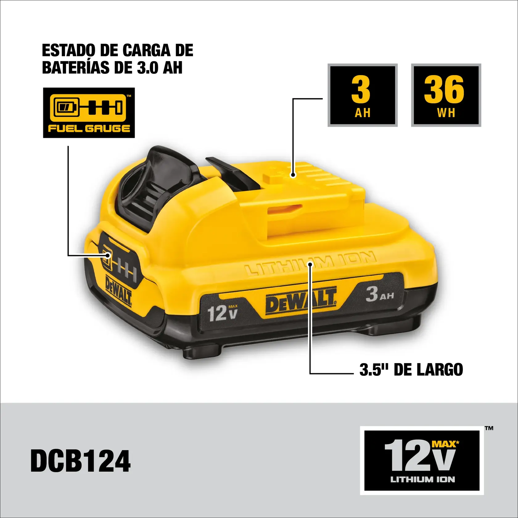 A yellow and black DEWALT 12V 3Ah lithium-ion battery pack.