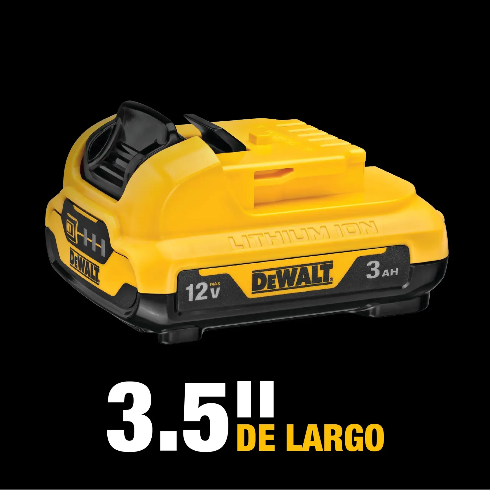 A yellow and black DEWALT 12V 3Ah lithium-ion battery pack.