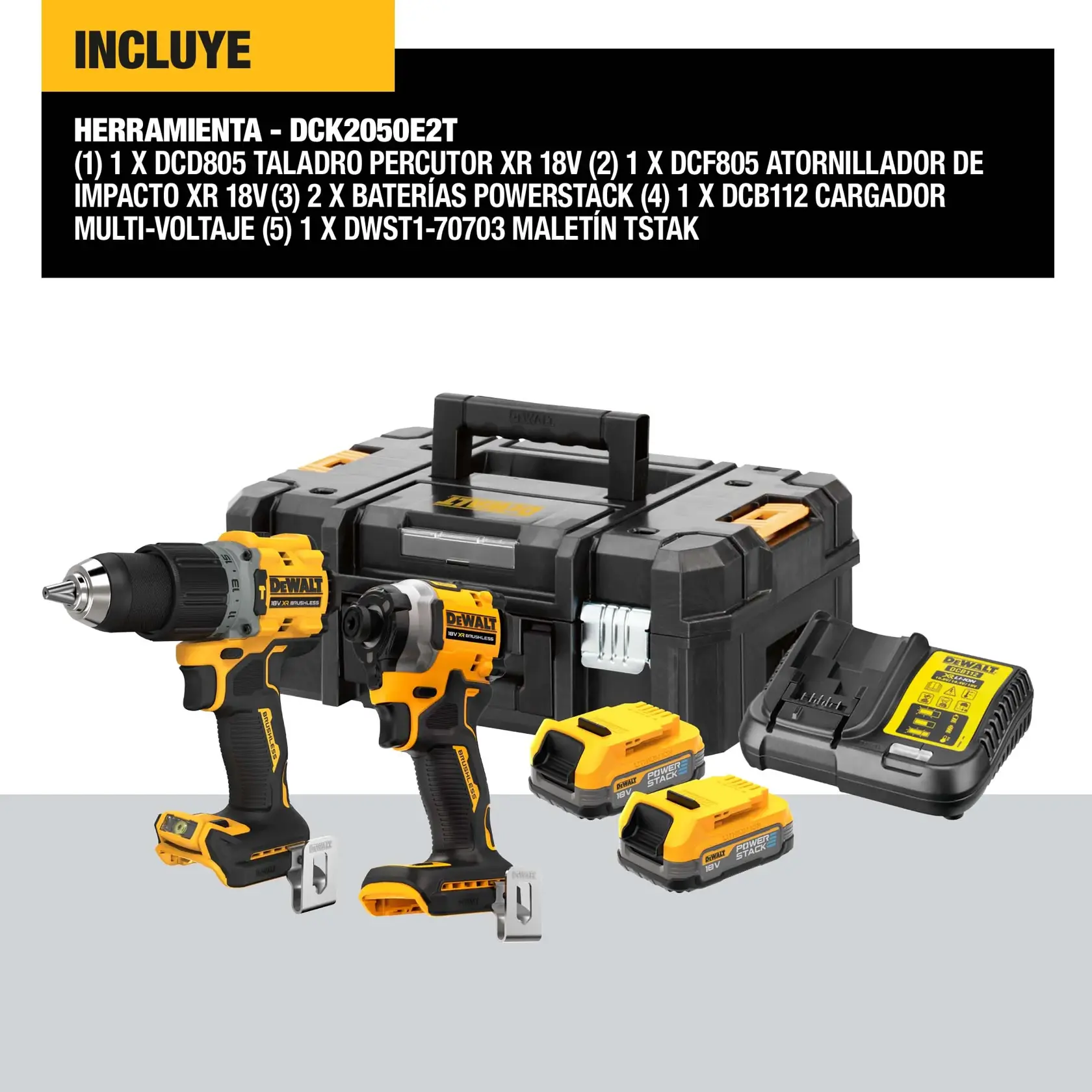 Kit DEWALT DCK2050E2T que incluye un taladro atornillador inalámbrico, un atornillador de impacto, dos baterías POWERSTACK, un cargador multivoltaje y un maletín resistente TSTAK. Todos los elementos son de color negro y amarillo y se muestran juntos con el maletín al fondo.