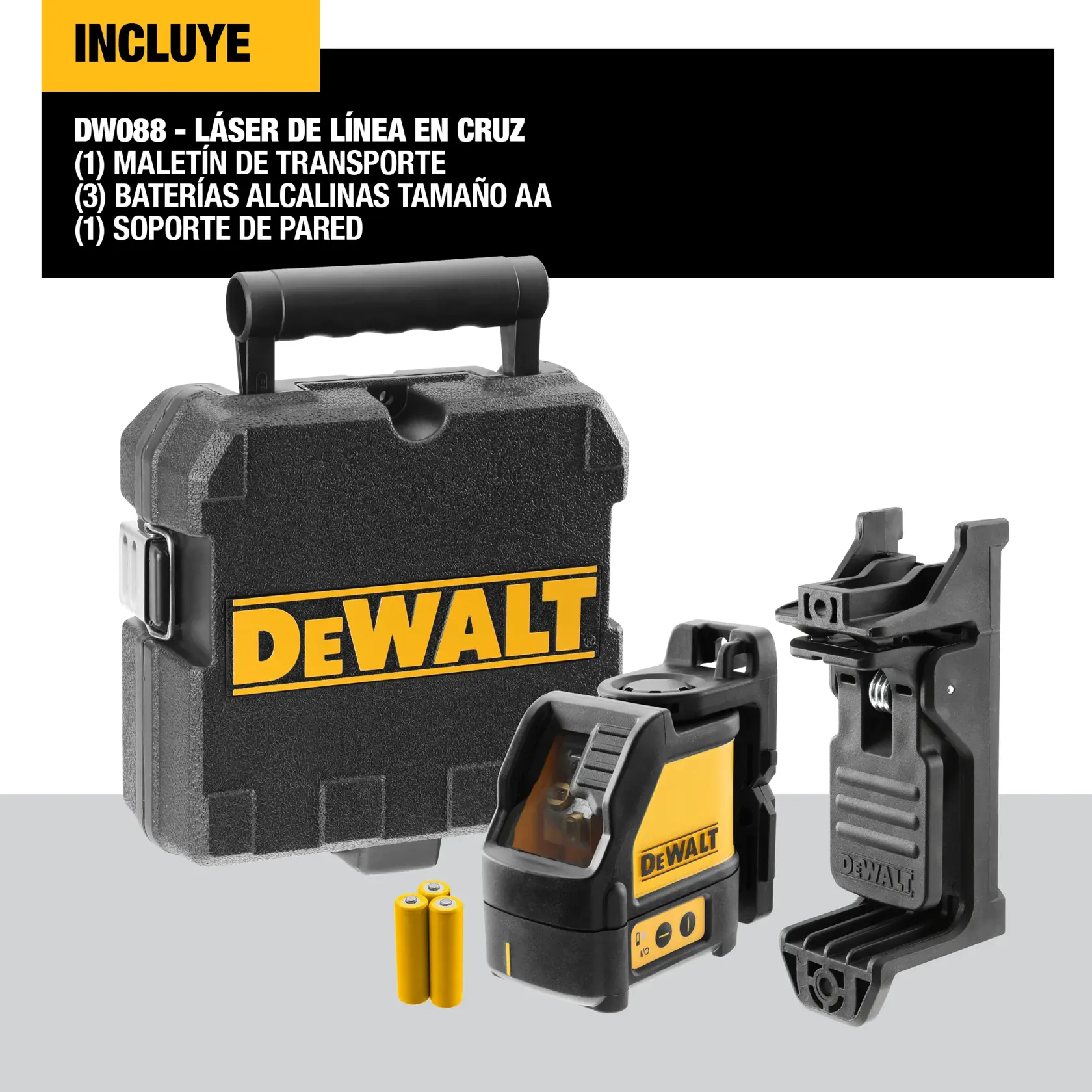 Un nivel láser verde DEWALT DW088CG colocado sobre un piso de concreto en un sitio de construcción, proyectando una línea láser verde para alineación.