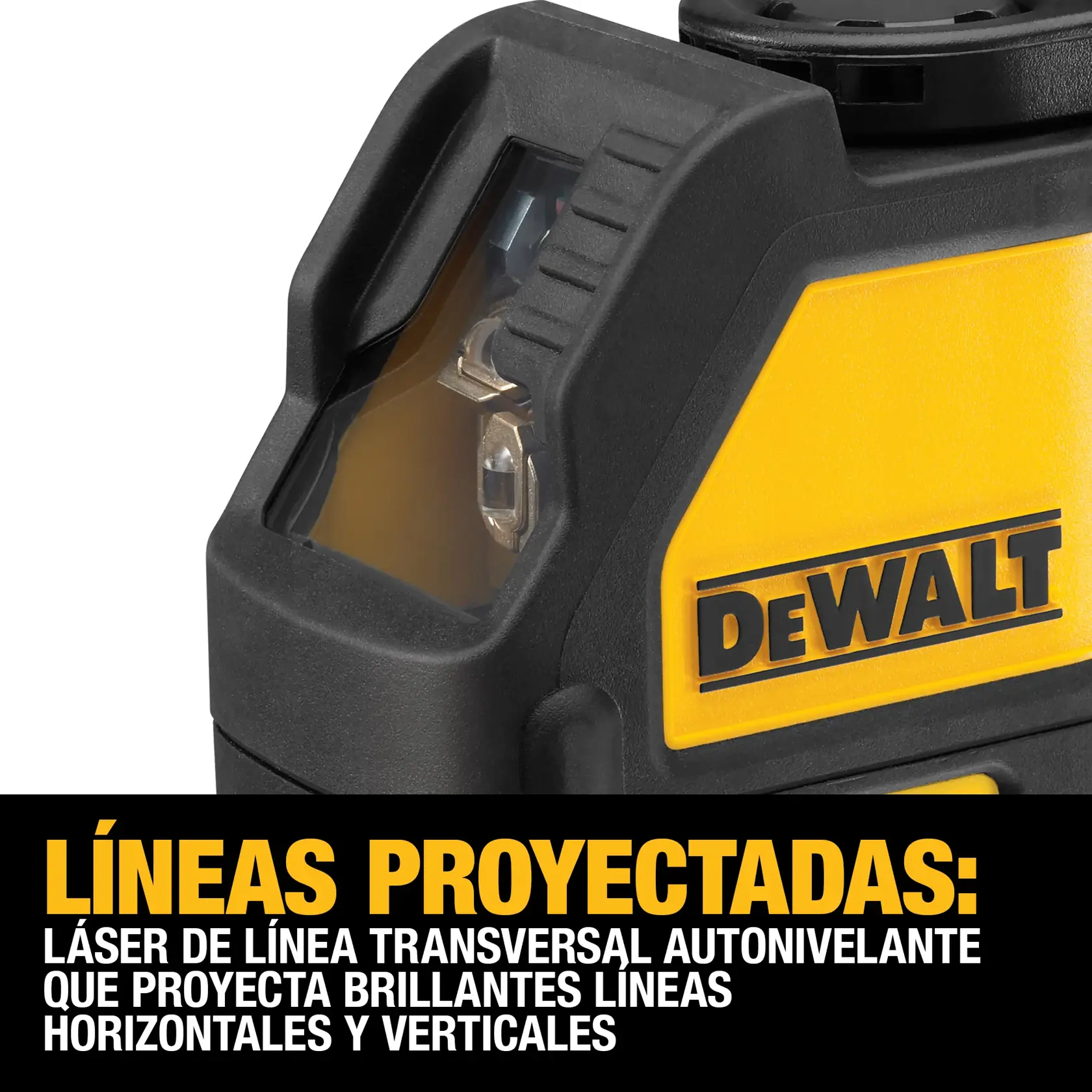 Un nivel láser DeWalt proyectando una línea láser verde sobre un suelo de concreto en un edificio en construcción con estructuras metálicas expuestas.