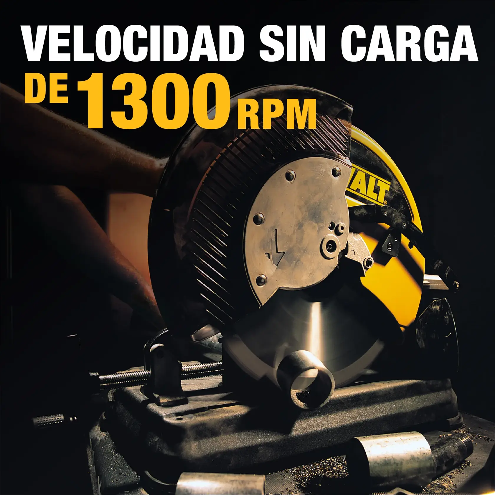 A DEWALT-branded chop saw with a yellow housing, used for cutting metal and other materials. The saw features a circular blade, a handle, and a sturdy black base with a clamp for securing materials. The power cord is visible on the left side.
