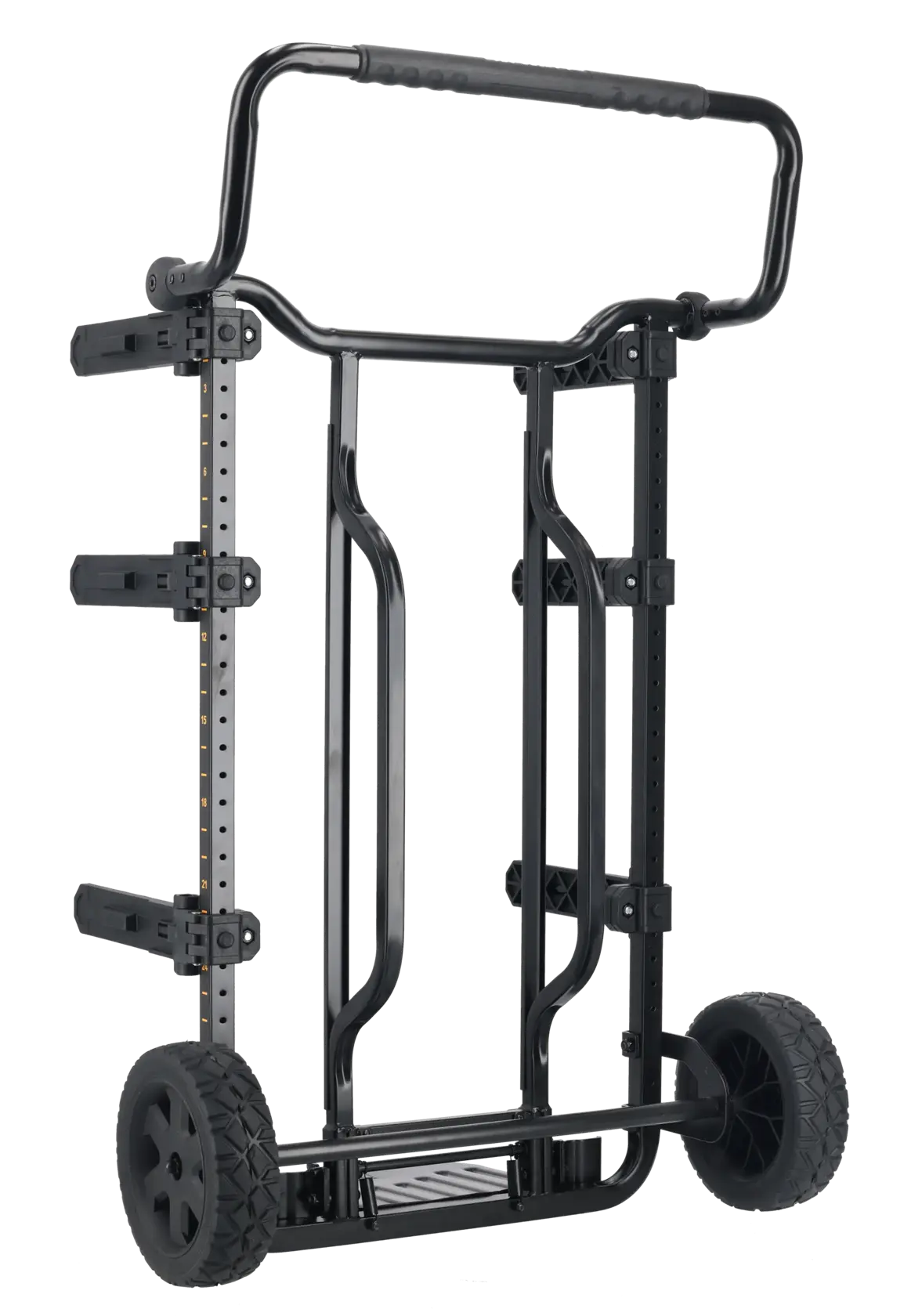 Carro plegable negro DEWALT con dos ruedas grandes y múltiples soportes ajustables, diseñado para transportar objetos pesados.