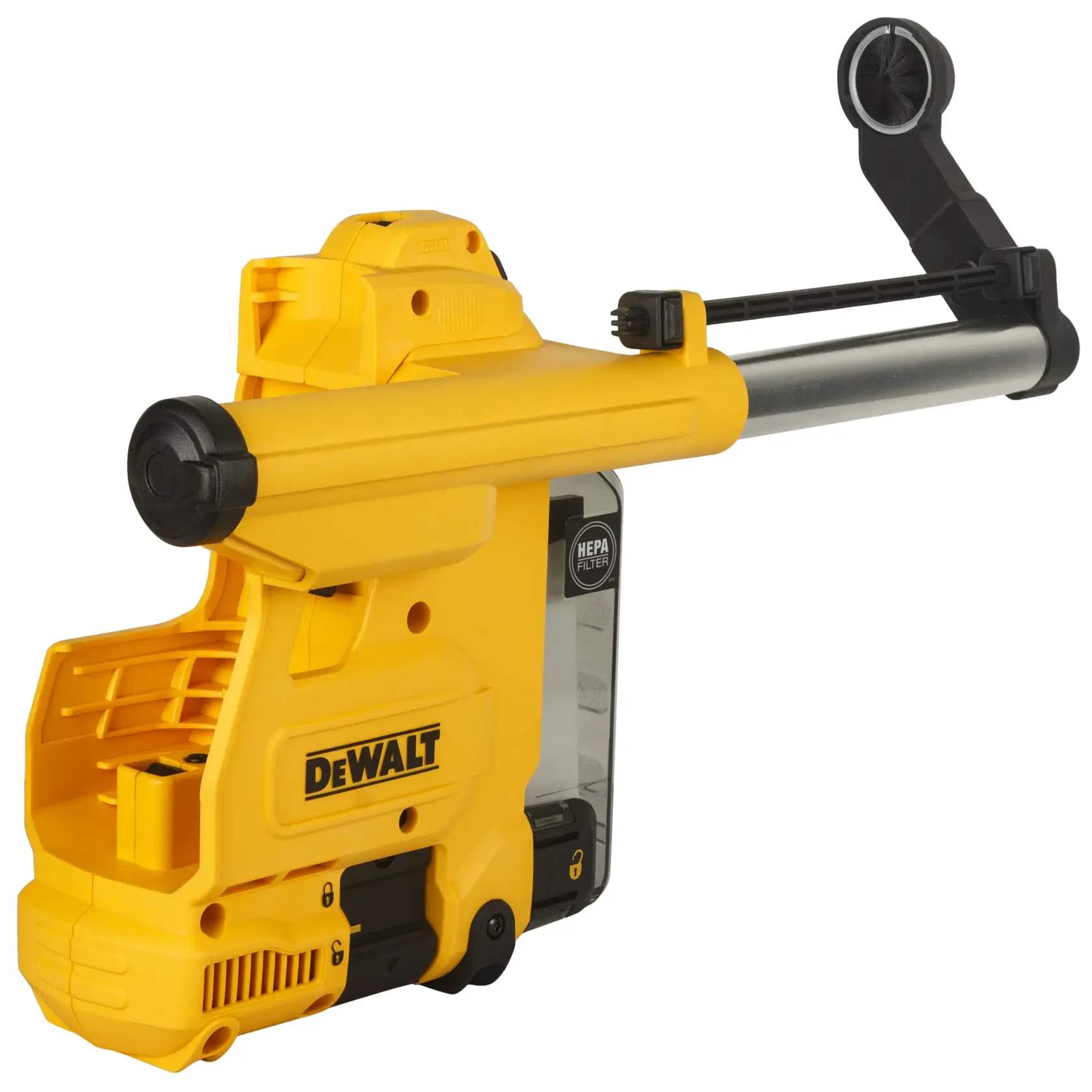 Foto del accesorio extractora de polvo amarillo DEWALT D25304DH con filtro HEPA, vista lateral.