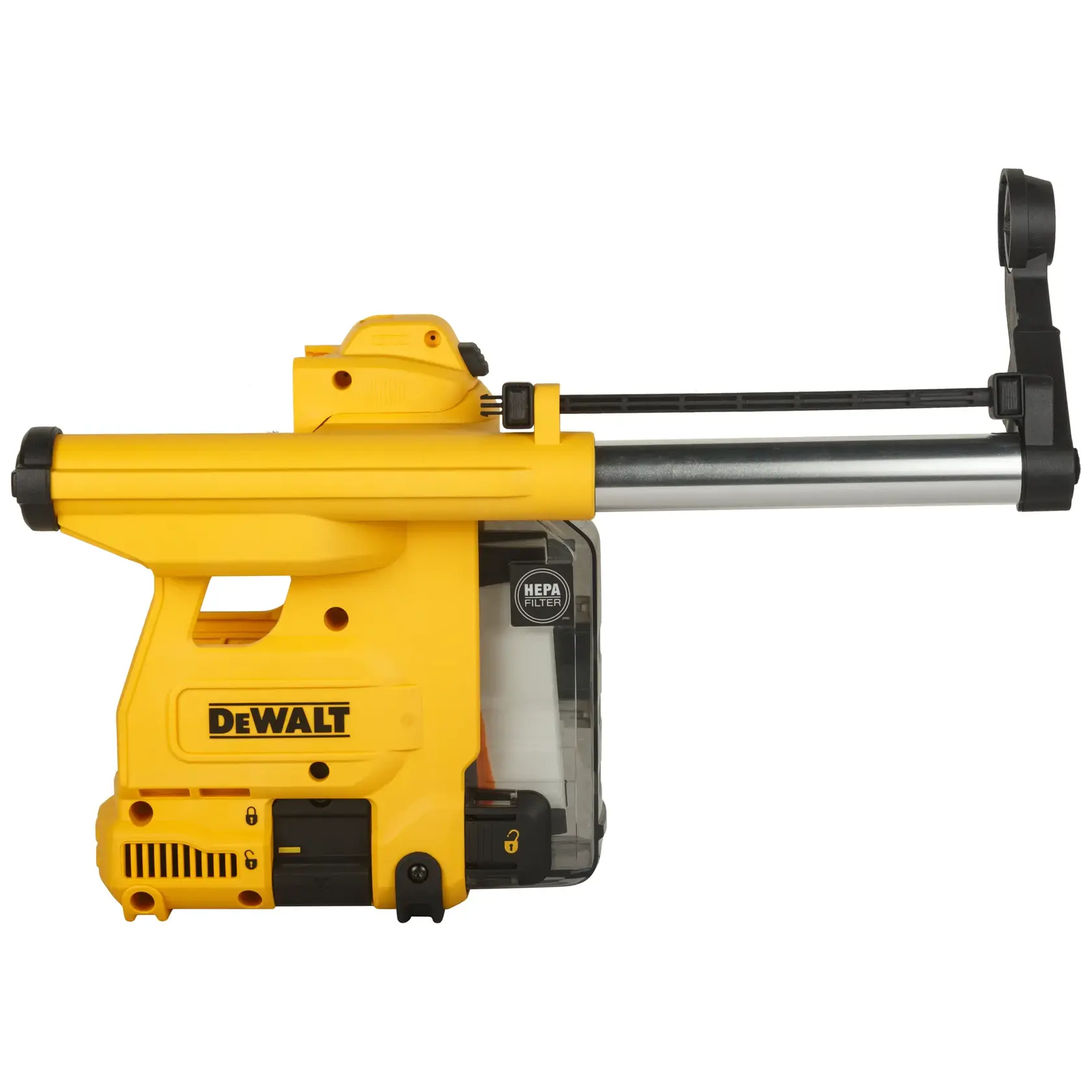 Foto de extractor de polvo DEWALT con filtro HEPA, SKU D25304DH, vista lateral fondo blanco.