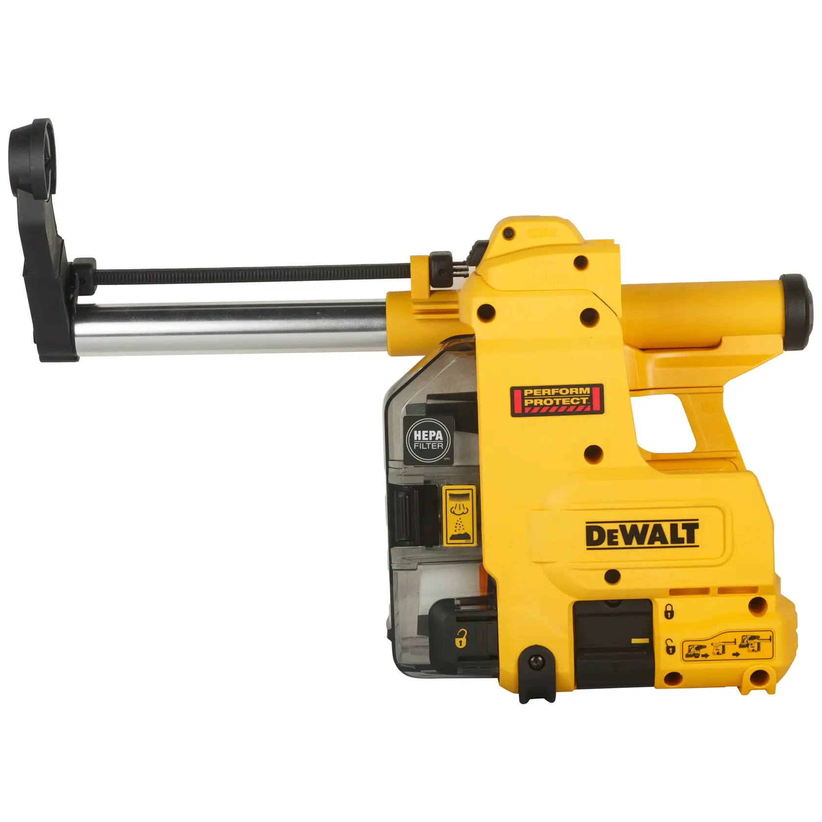 Foto del extractor de polvo amarillo DEWALT D25304DH, filtro HEPA, vista lateral sobre fondo blanco.