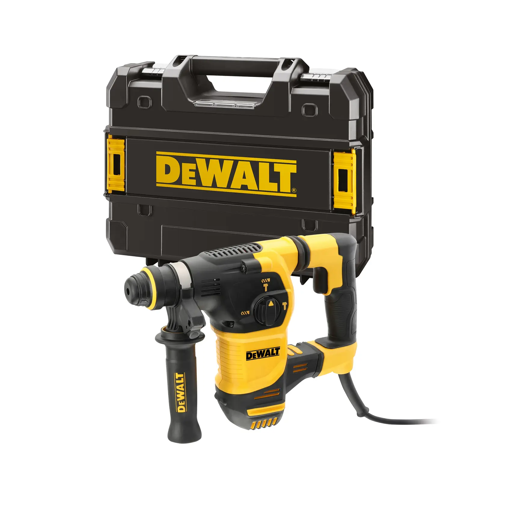 Foto del martillo rotativo DEWALT D25333K con mango lateral, negro y amarillo, junto a estuche, ángulo frontal.