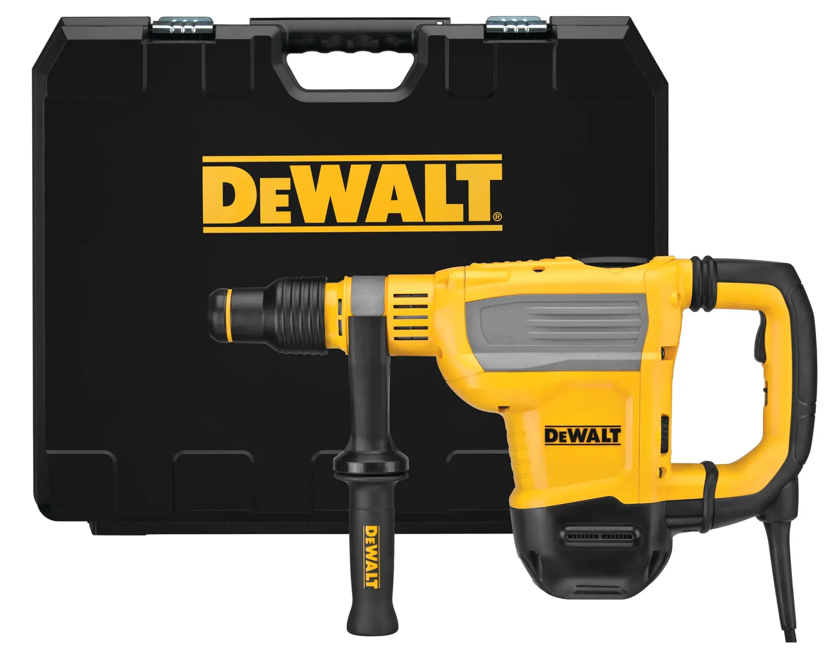 Un martillo rotatorio DEWALT amarillo y negro con una empuñadura auxiliar, colocado frente a un estuche de transporte negro con el logotipo DEWALT.