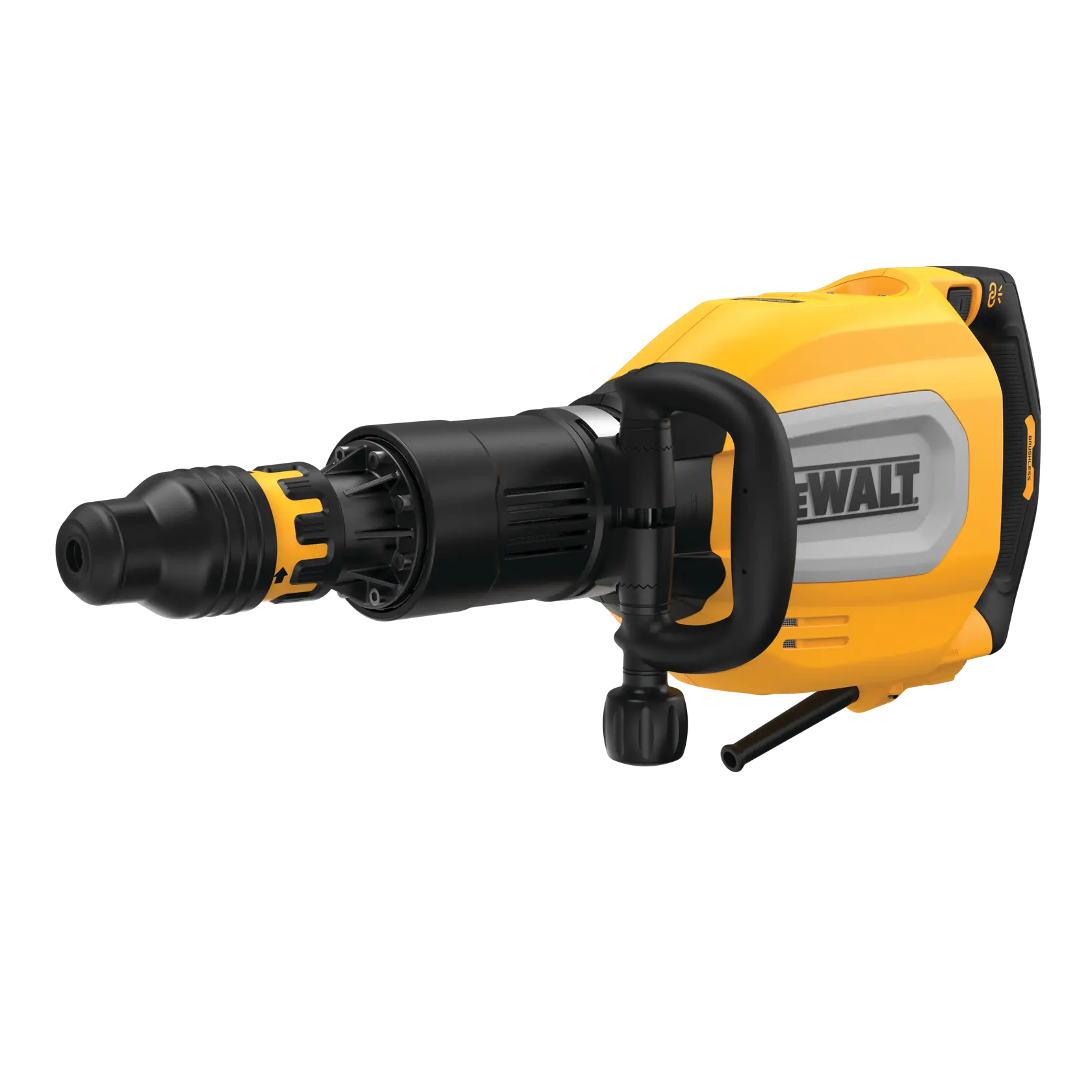 Imagen de un martillo demoledor DEWALT modelo D25911K con características destacadas como el portaherramientas SDS Max, control inalámbrico de la herramienta, tecnología de absorción de impactos y dial de velocidad variable.