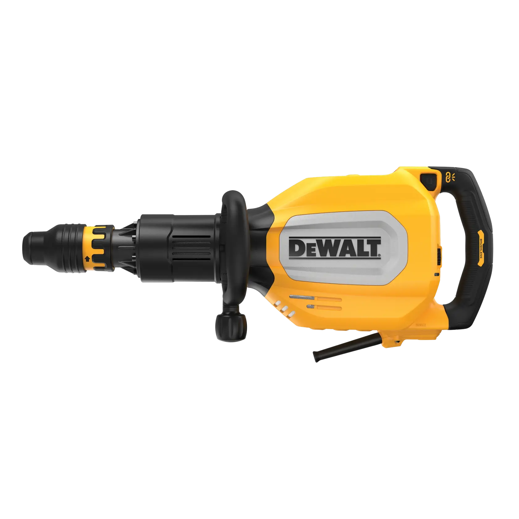 Primer plano de la herramienta DEWALT D25911K mostrando el diseño de la manija principal trasera, con la palabra 'BRUSHLESS' en la manija y texto amarillo en la parte inferior que dice 'REAR MAIN HANDLE DESIGN'.