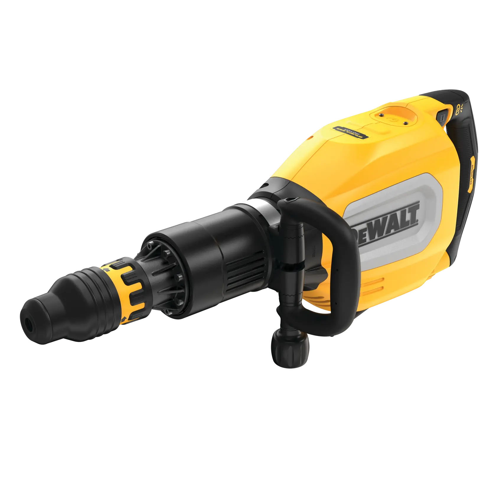 Primer plano del mango de una herramienta eléctrica DEWALT que muestra un dial de velocidad variable, la etiqueta 'Brushless' y una pegatina 'Perform Protect'. La herramienta es amarilla y negra con un logotipo DEWALT destacado. Abajo, el texto 'VARIABLE SPEED DIAL' aparece en letras amarillas en negrita.