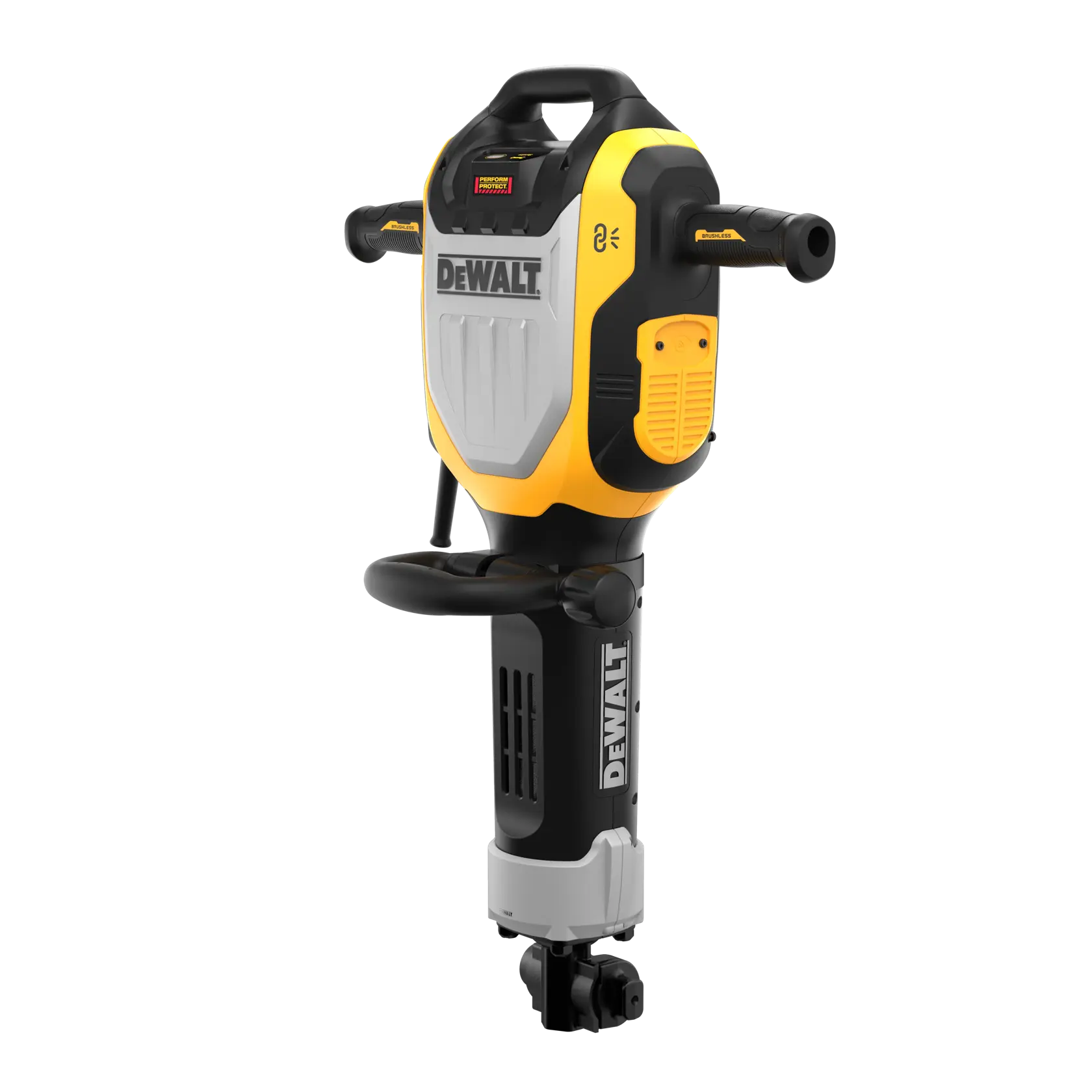 Un trabajador con casco de seguridad y chaqueta de alta visibilidad utiliza un martillo demoledor DEWALT para romper el concreto en un entorno industrial. Se pueden ver varias herramientas y equipos de construcción, incluido un aspirador y herramientas eléctricas, en el fondo.