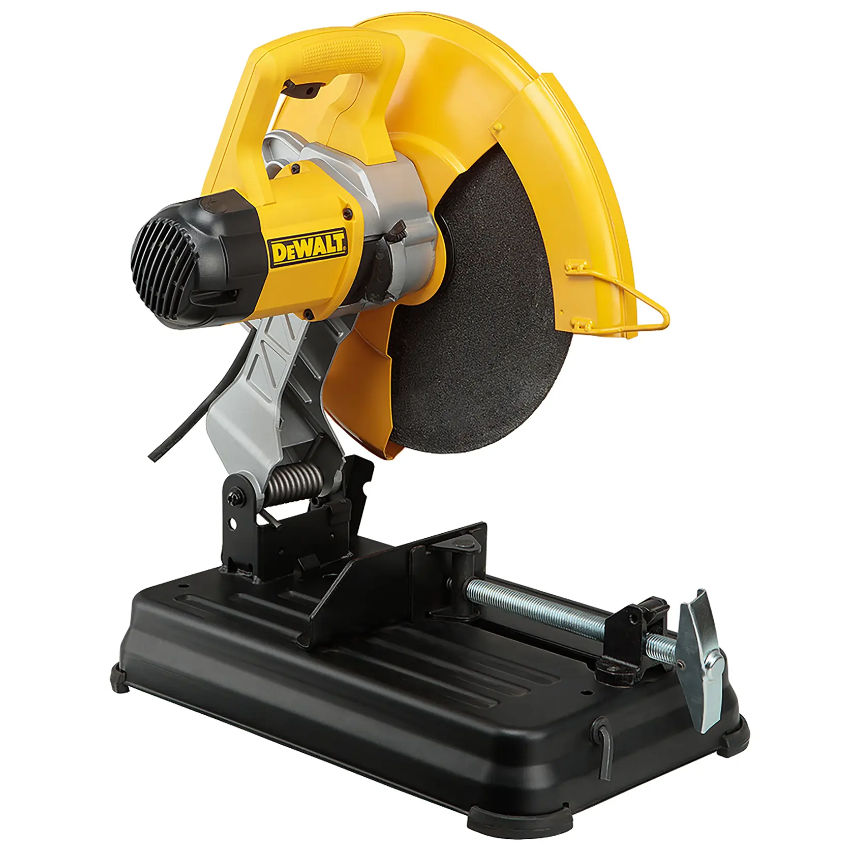 Una sierra de corte portátil de la marca DEWALT con diseño amarillo y negro, que incluye una hoja circular, un mango, un protector de seguridad y una base resistente para corte de metal.
