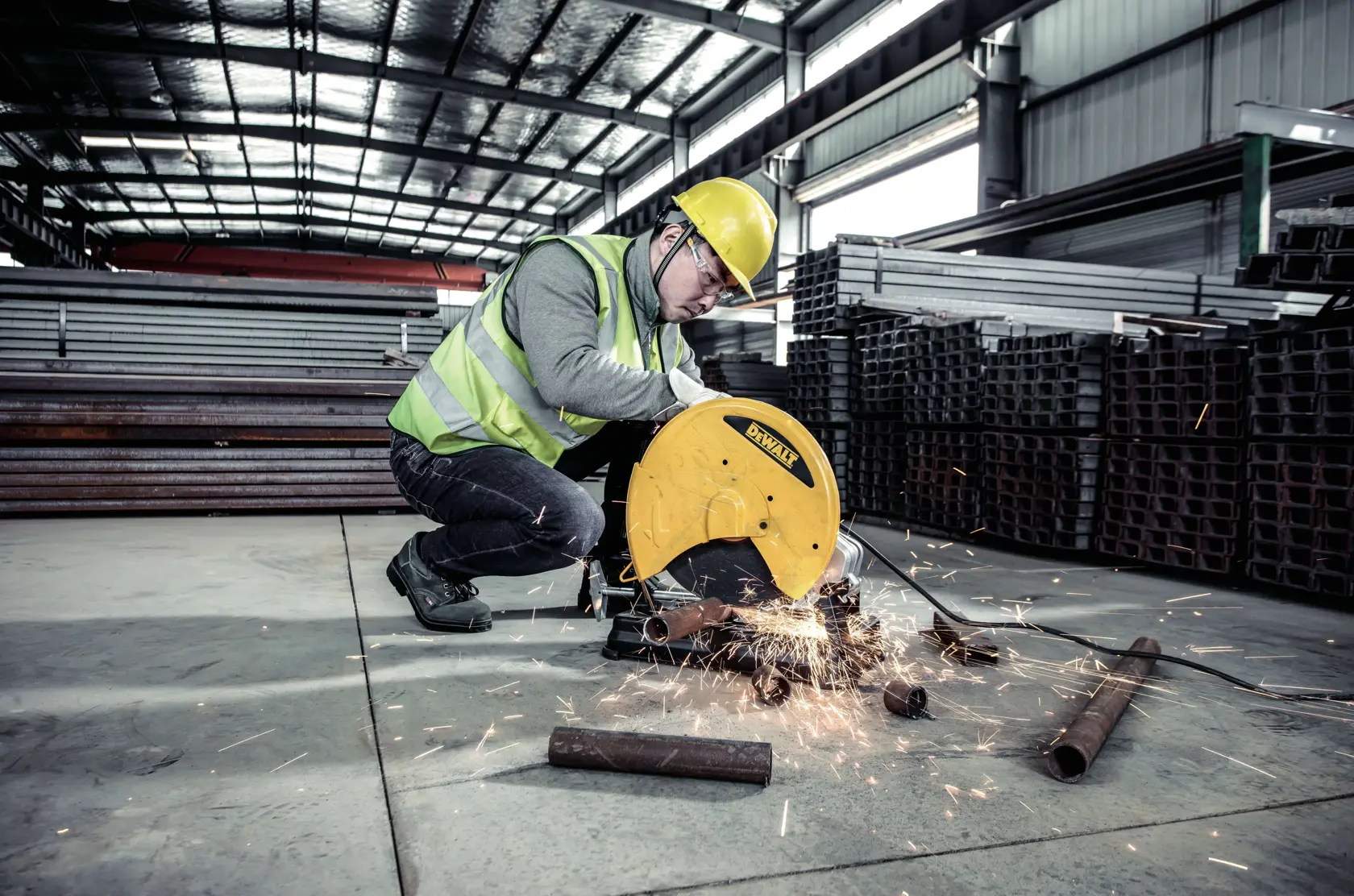 Un trabajador con casco amarillo y chaleco reflectante está usando una sierra de corte de metal amarilla DeWALT para cortar varillas metálicas en un almacén industrial lleno de pilas de materiales de acero. Saltan chispas desde la zona de corte.