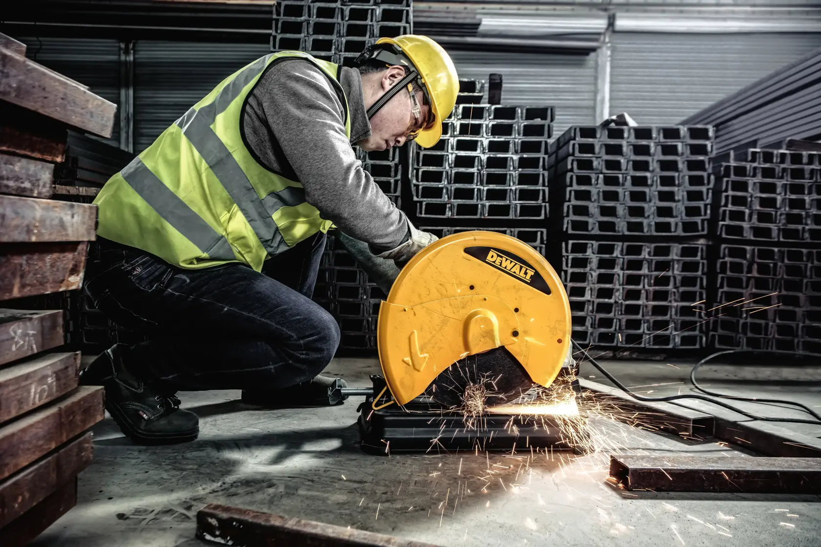 Un trabajador con casco de seguridad amarillo y chaleco reflectante utiliza una sierra eléctrica amarilla para cortar barras de metal en el suelo dentro de un gran almacén industrial. Se ven chispas durante el proceso de corte.