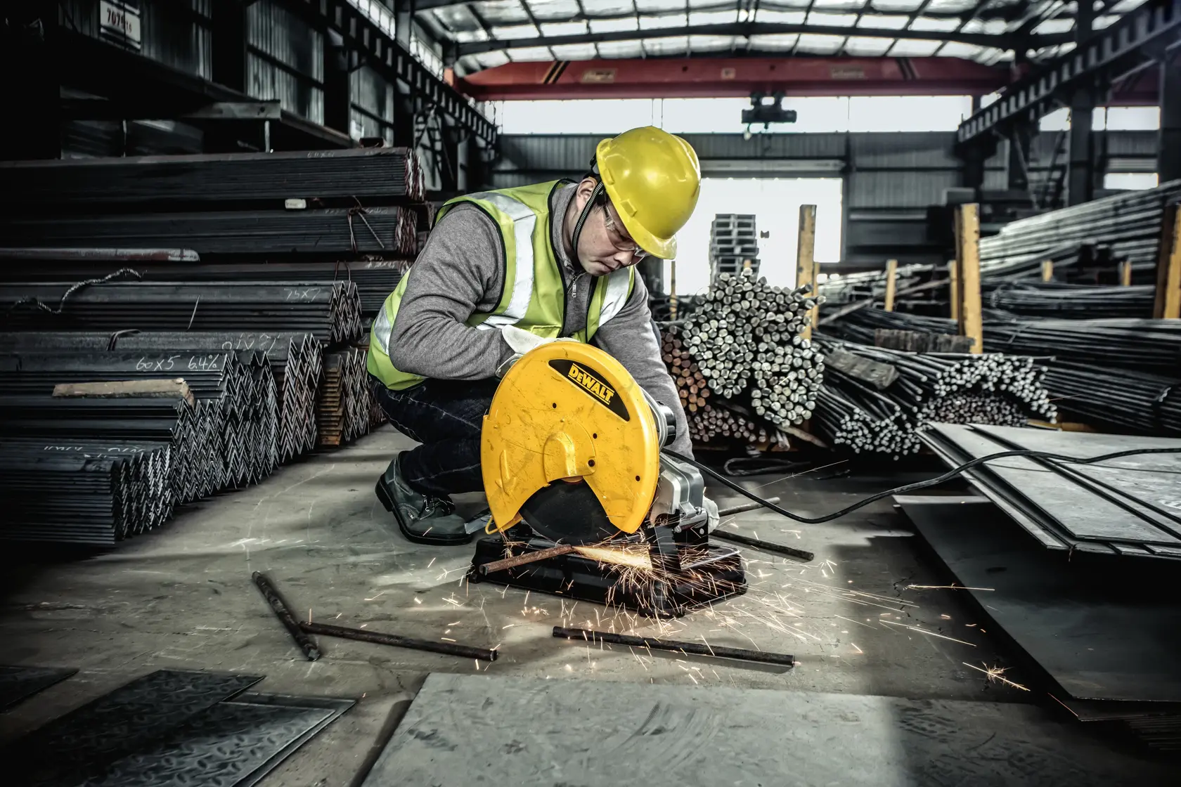 Un outil électrique jaune et noir, spécifiquement une scie à onglet DEWALT, conçue pour couper le métal ou d'autres matériaux, doté d'une grande lame circulaire et d'une base noire robuste.