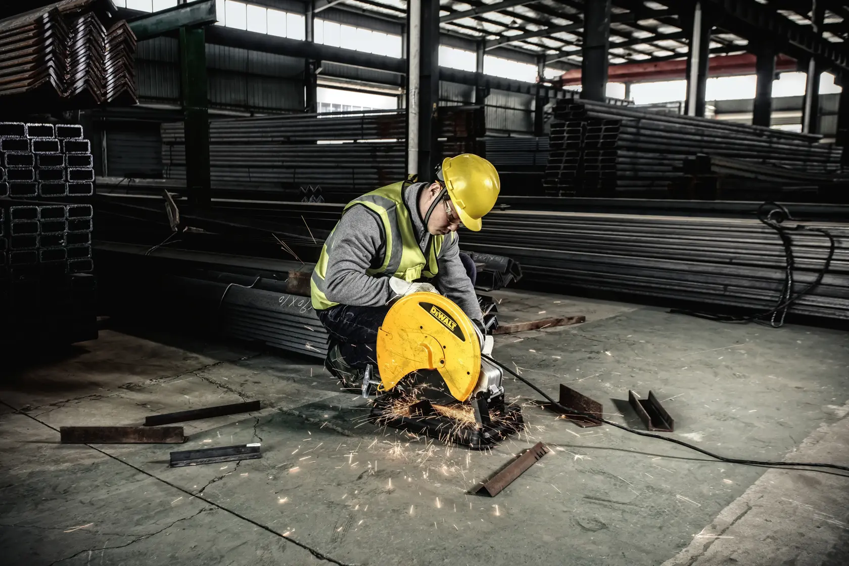 Un ouvrier portant un casque de sécurité jaune et un gilet haute visibilité utilise une scie électrique jaune DEWALT pour couper un tuyau en métal dans un entrepôt industriel. Des étincelles volent depuis la zone de coupe. Des tuyaux et poutres en métal sont empilés en arrière-plan.
