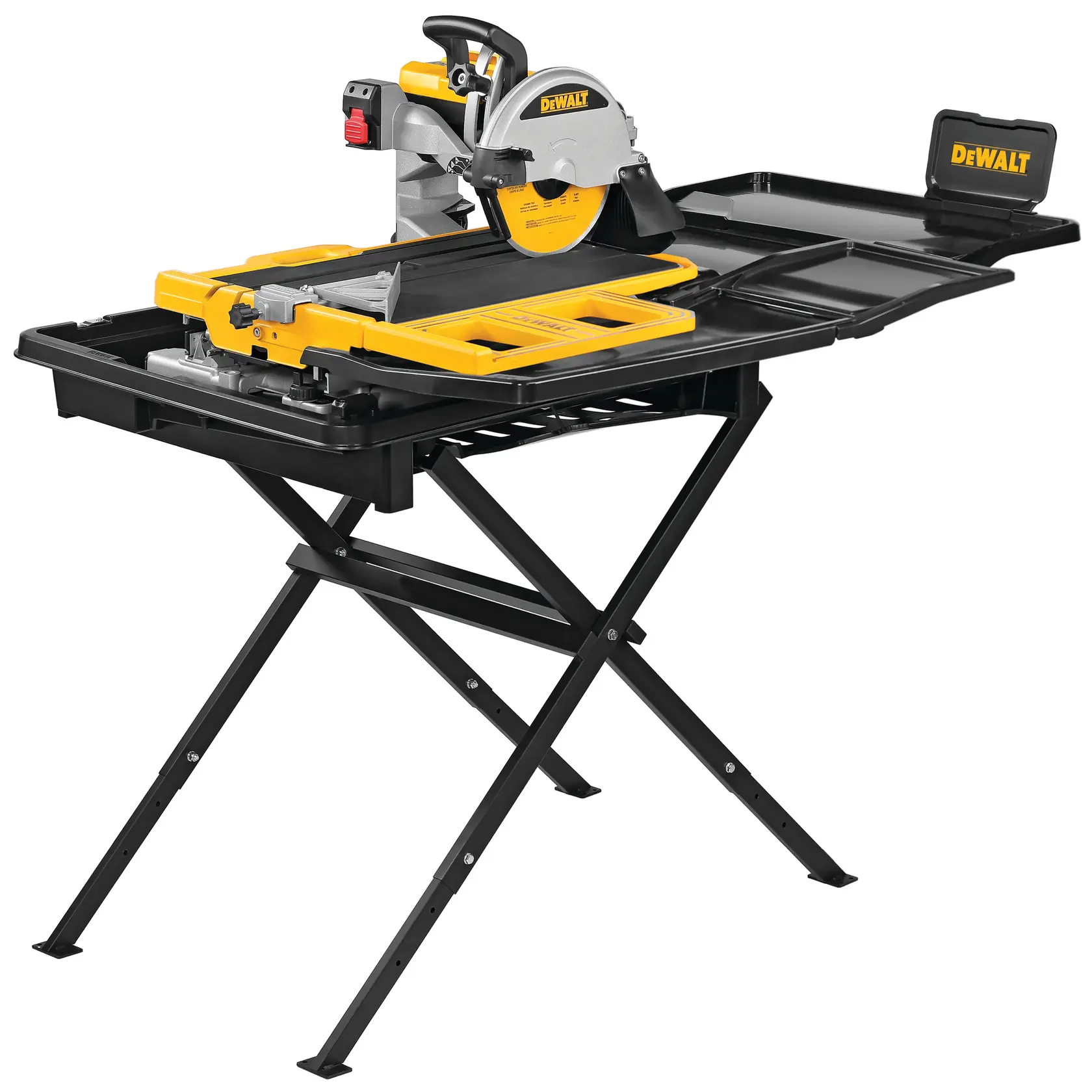 Foto de sierra para azulejos DEWALT con soporte, negra y amarilla, SKUs D36000-QS, D36000, ángulo lateral.