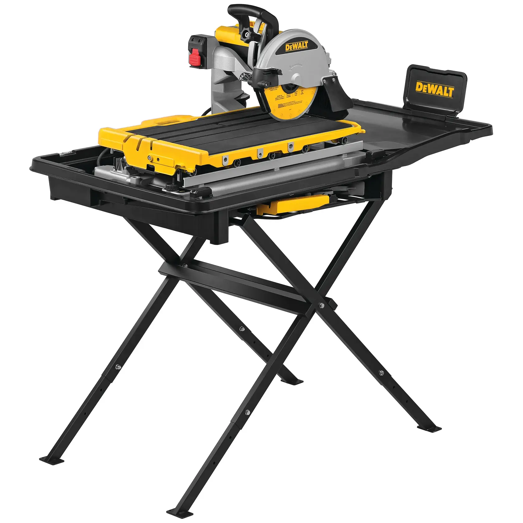 Foto de sierra para azulejos DEWALT en soporte, negra y amarilla, SKUs D36000-QS, D36000, vista frontal.