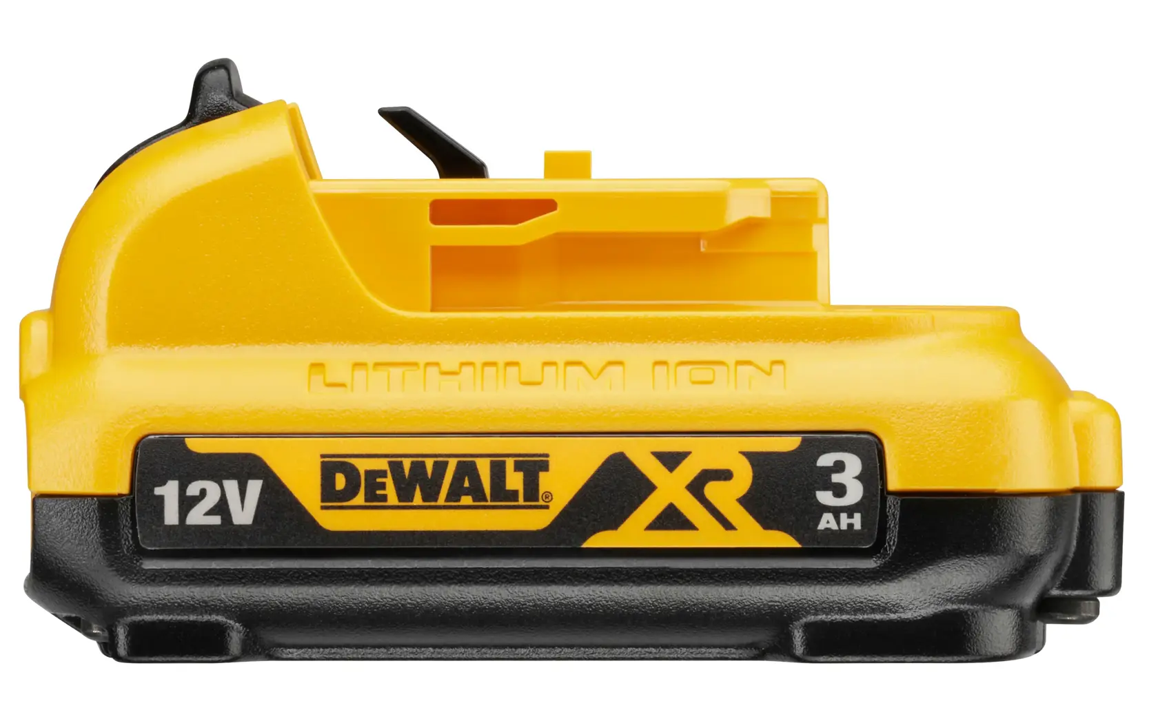 Un paquete de batería de ion de litio DEWALT de 12V y 3Ah en color amarillo y negro.