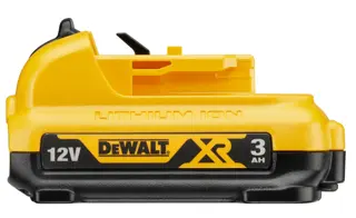 Un paquete de batería de ion de litio DEWALT de 12V y 3Ah en color amarillo y negro.