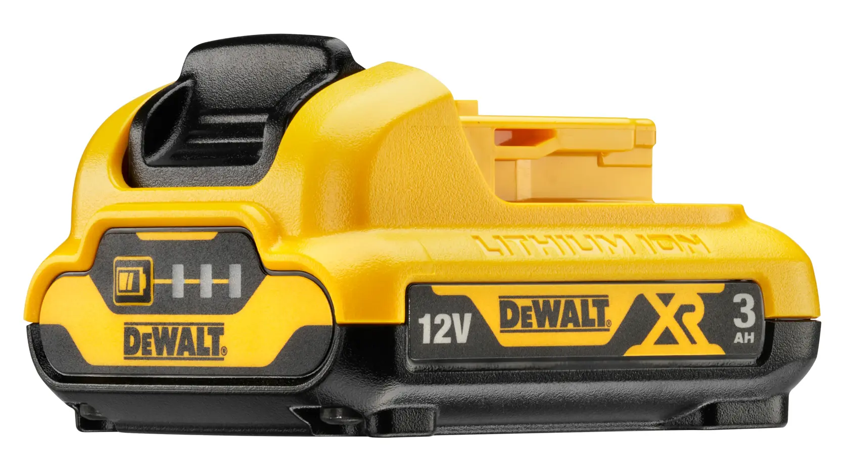 Une batterie lithium-ion DEWALT 12V 3Ah jaune et noire.