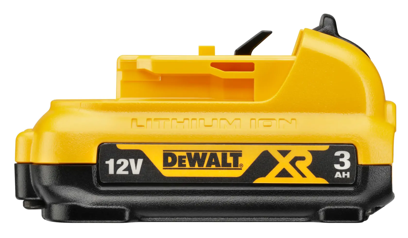 A yellow and black DEWALT 12V 3Ah lithium-ion battery pack.