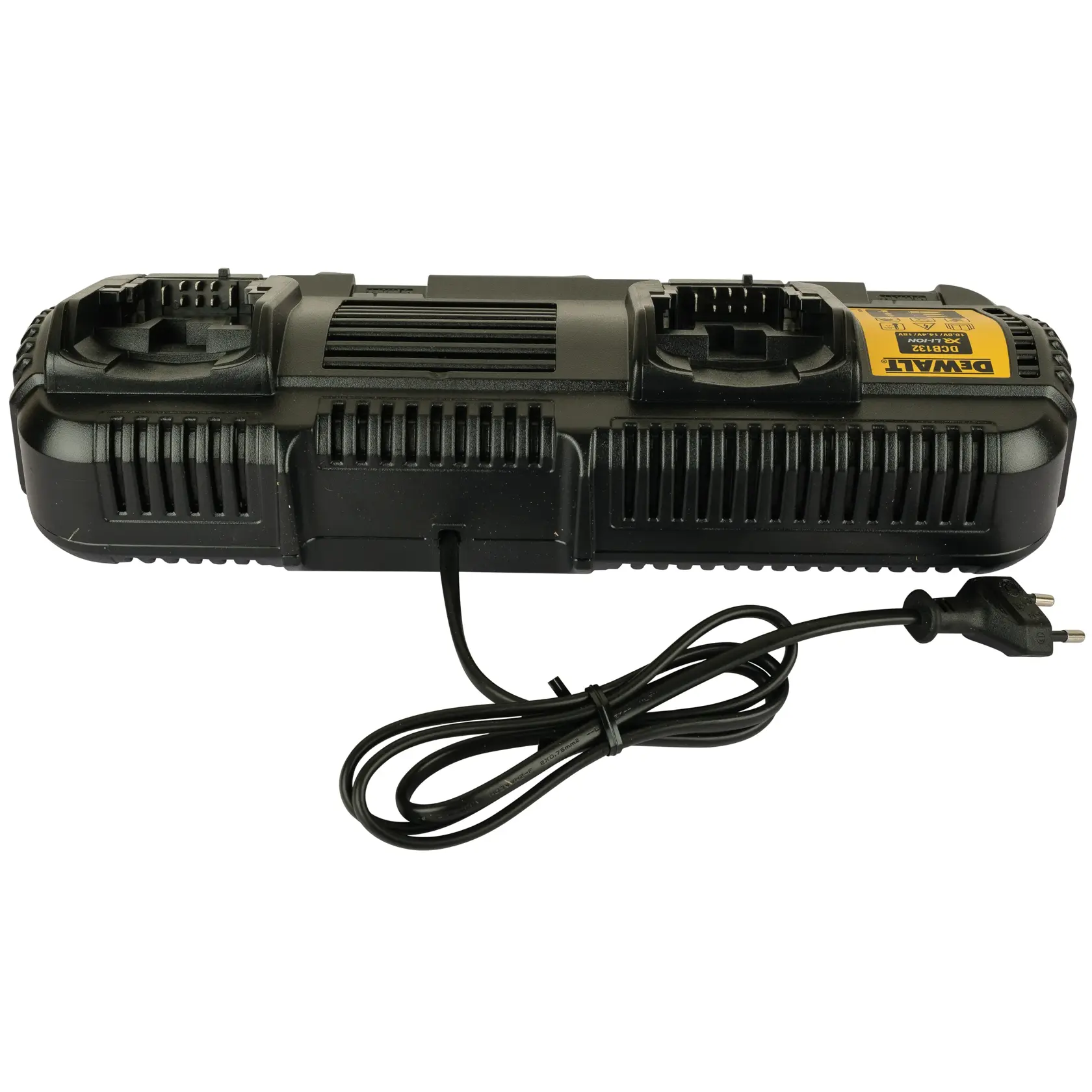 Cargador dual DEWALT DCB132 con cable de alimentación para baterías de herramientas, visto desde arriba.