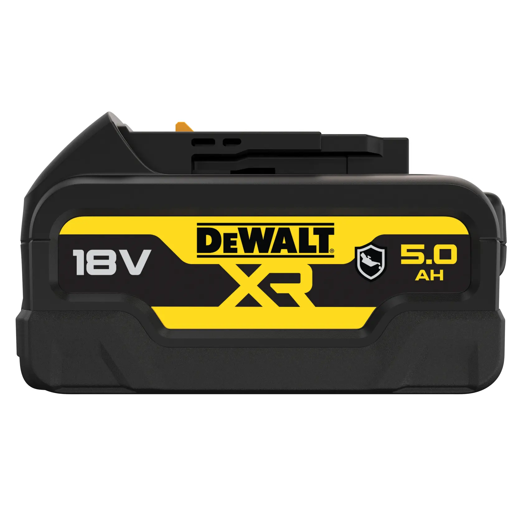 Batería recargable para herramienta eléctrica DEWALT XR 18V 5.0Ah, negra con distintivos amarillos y un icono de diseño duradero.