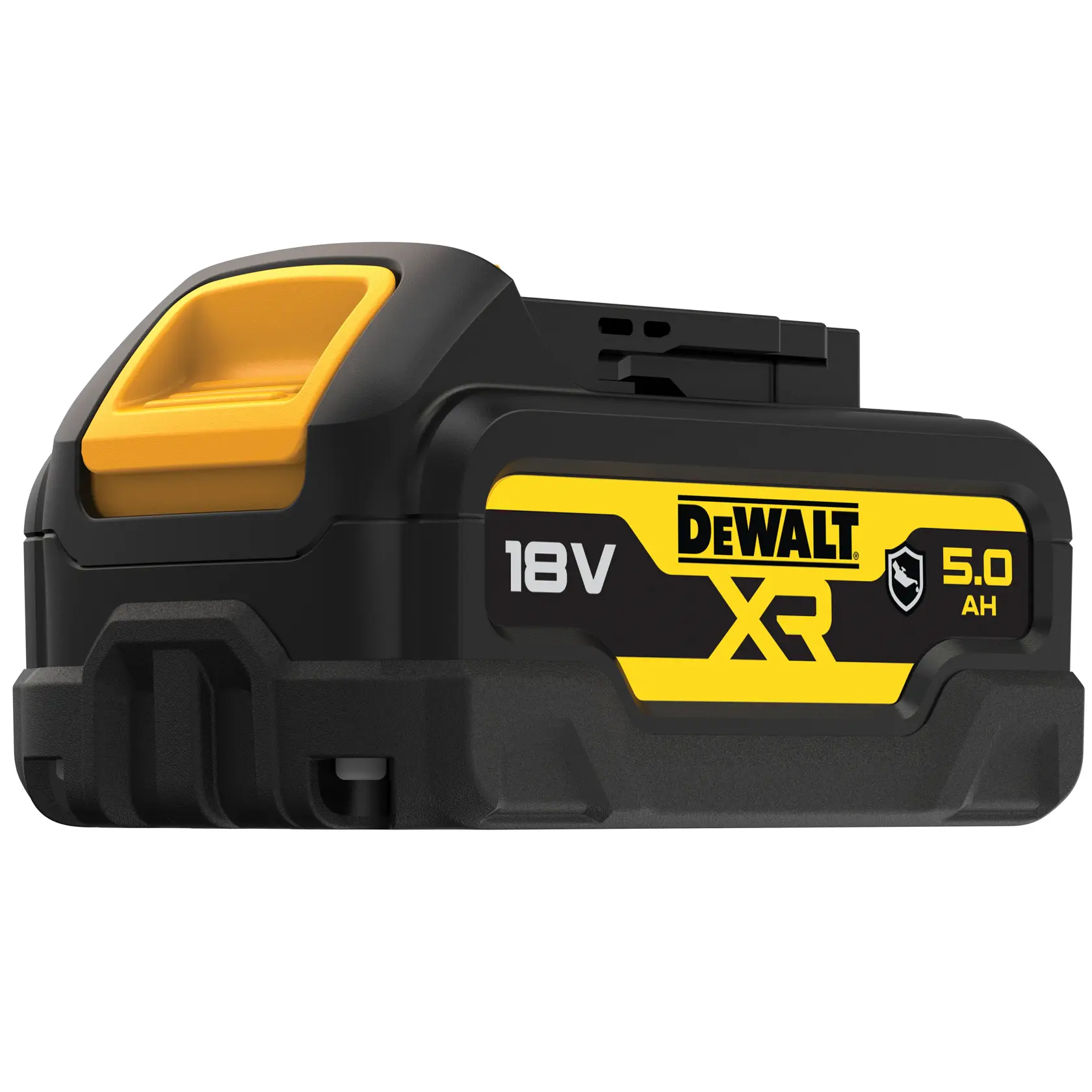 Una batería recargable DEWALT XR 18V 5,0Ah, con un diseño en negro y amarillo y el logotipo junto a las especificaciones técnicas en el lateral.