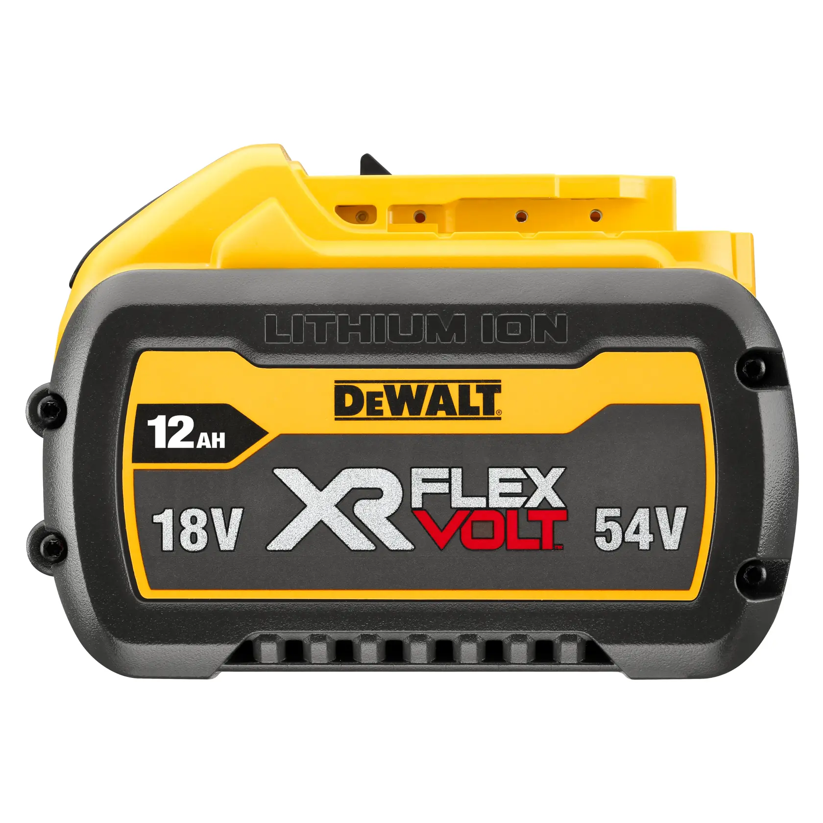 Vista frontal de una batería de ion de litio DEWALT XR FLEXVOLT, con capacidad de 12 Ah y compatibilidad con herramientas de 18V y 54V.