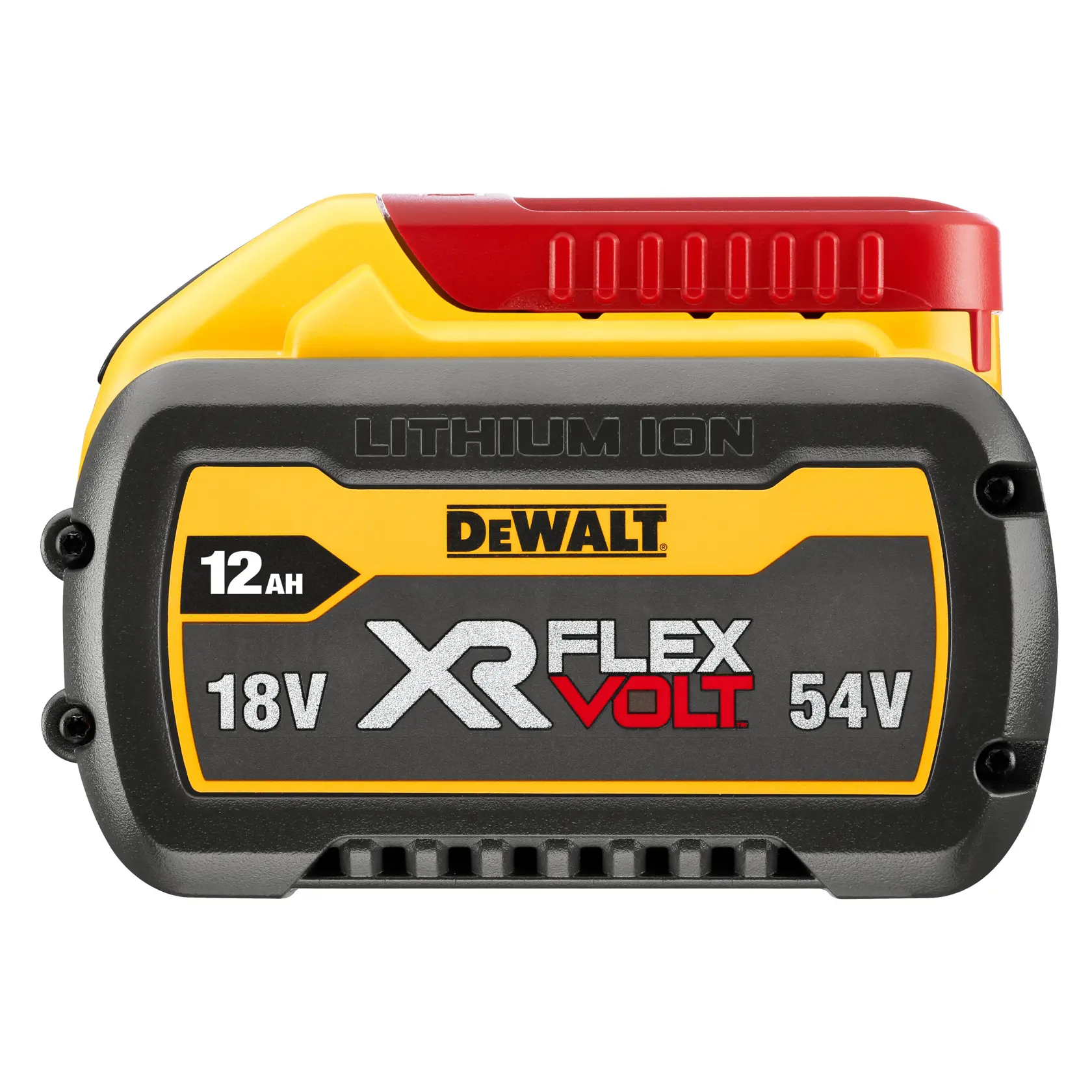Un paquete de batería de ion de litio DEWALT XR FlexVolt con diseño amarillo y negro, mostrando las especificaciones de 12Ah, 18V y 54V.