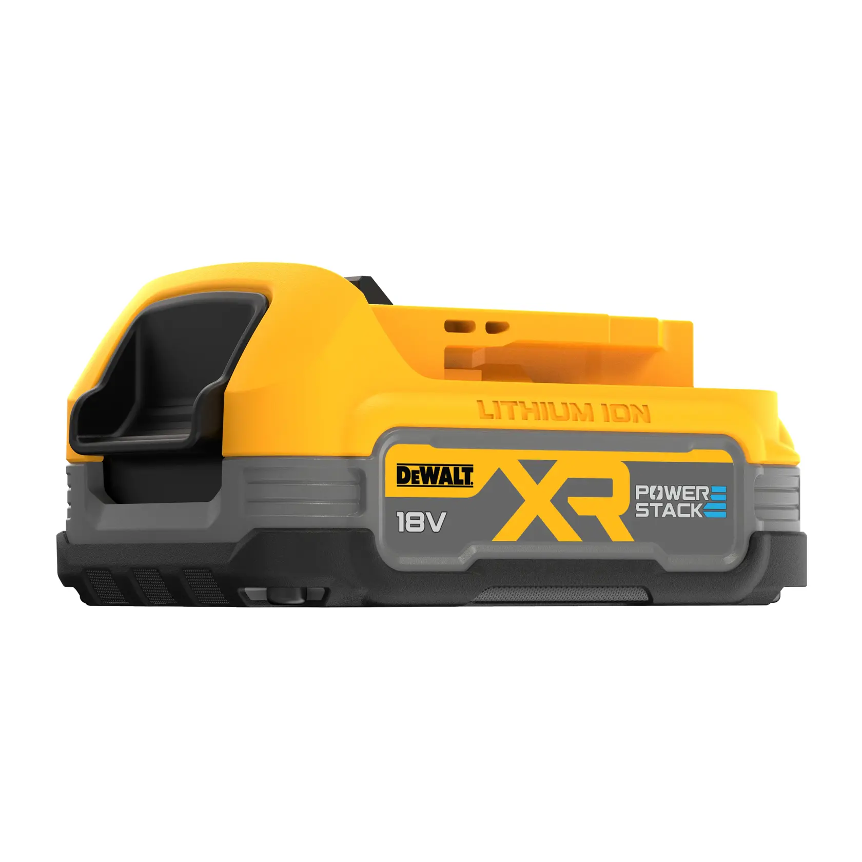 Batería DEWALT XR POWERSTACK 18V de iones de litio, amarilla y gris, sobre fondo blanco.