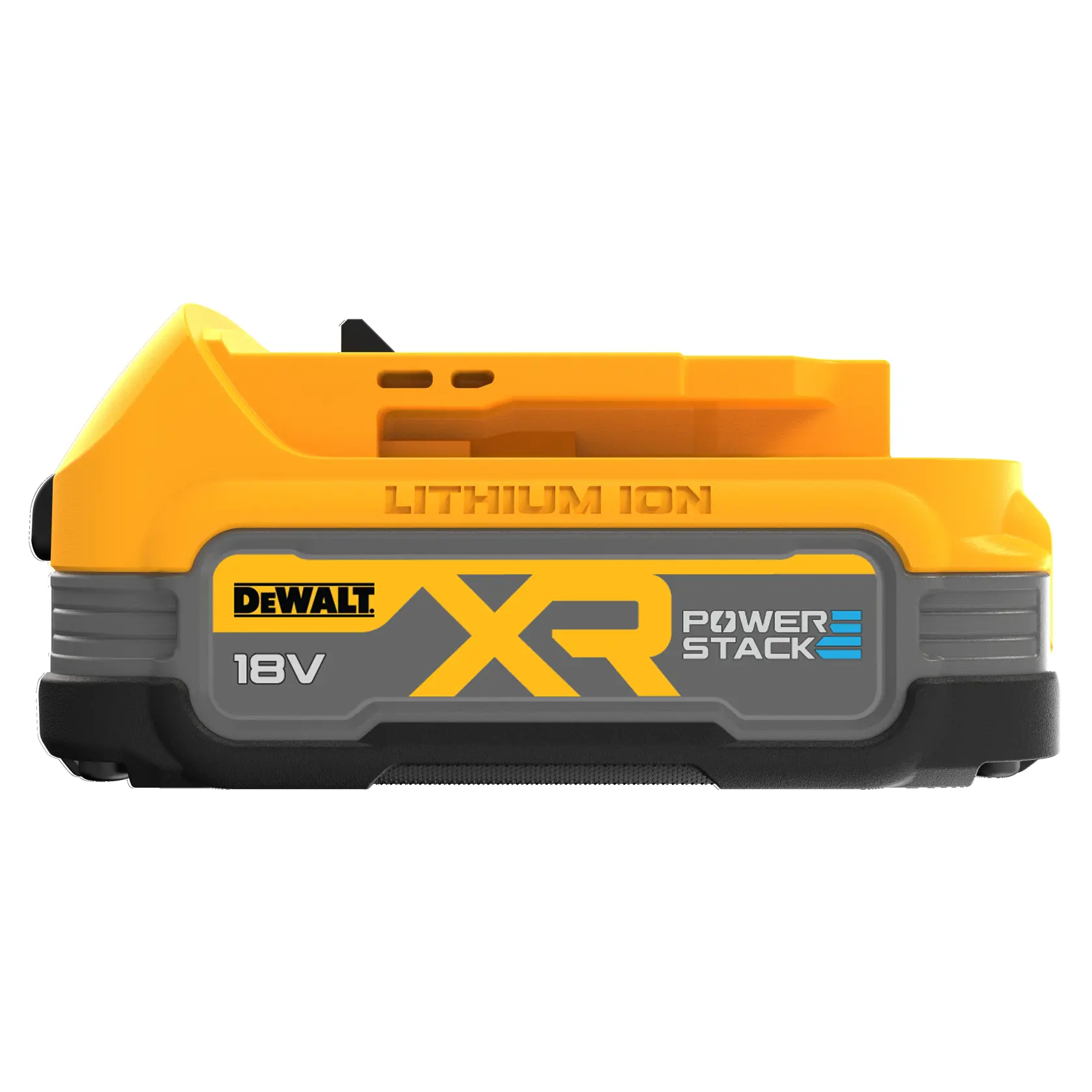 Batería DEWALT 18V XR Powerstack de litio, amarilla y negra, vista lateral con etiqueta de marca.