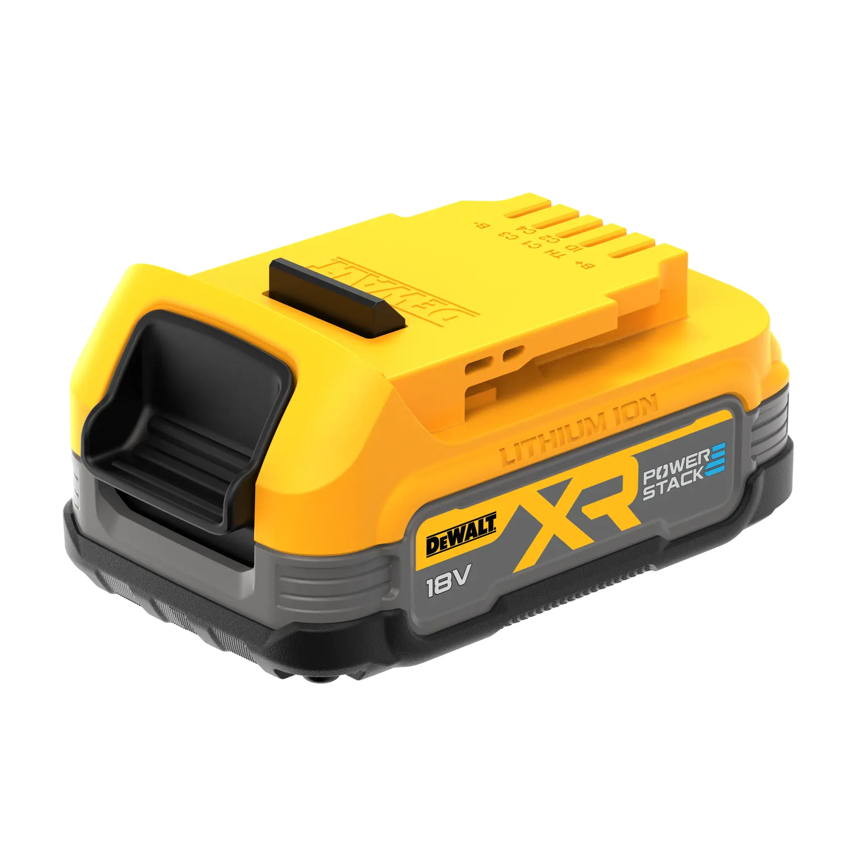 Batería DEWALT XR POWERSTACK 18V de litio-ion, amarilla y negra, diseño compacto.