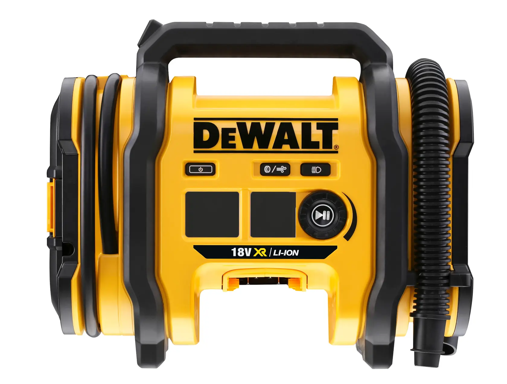 Vista frontal de un inflador de aire portátil DEWALT 18V XR Li-Ion con asa en la parte superior, manguera negra adjunta y botones de control en el frontal.