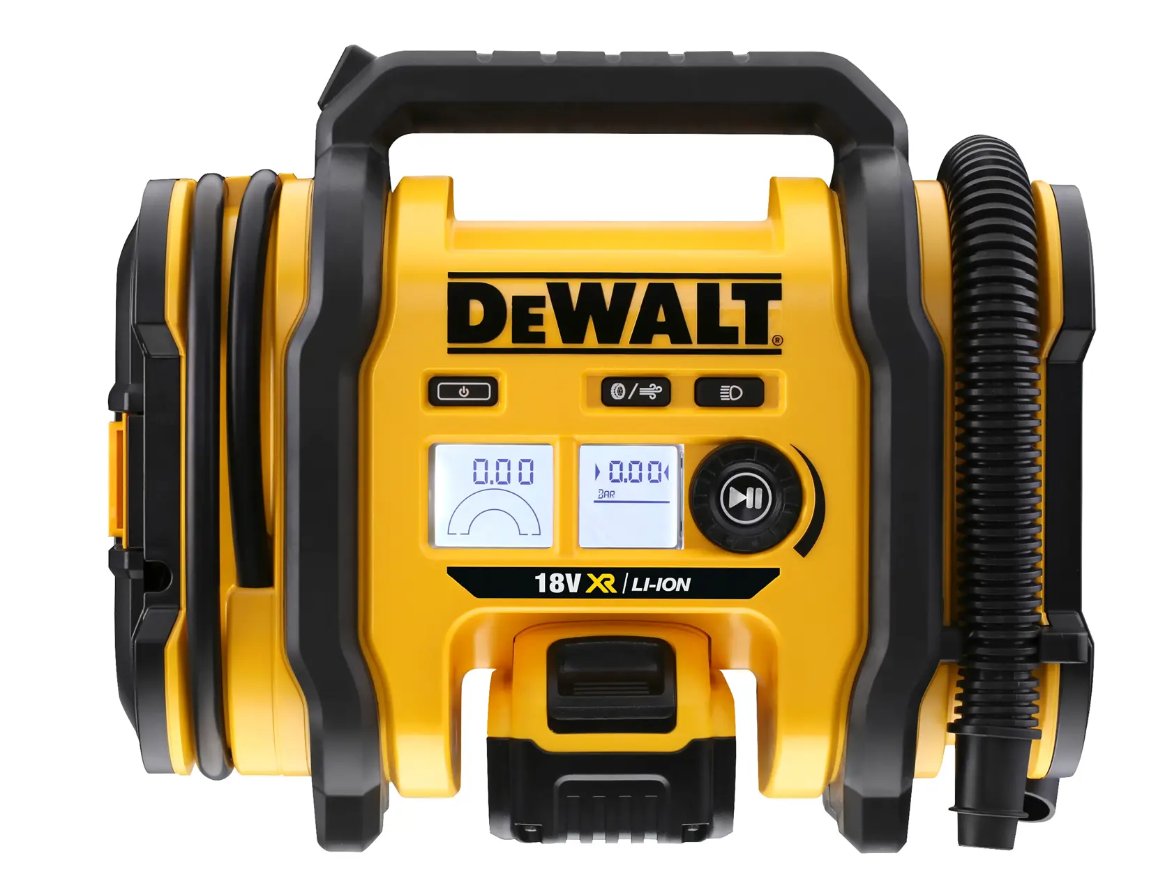 Vista frontal de un compresor de aire portátil DEWALT 18V XR Li-Ion con pantalla digital, cuerpo amarillo y negro y manguera flexible conectada.