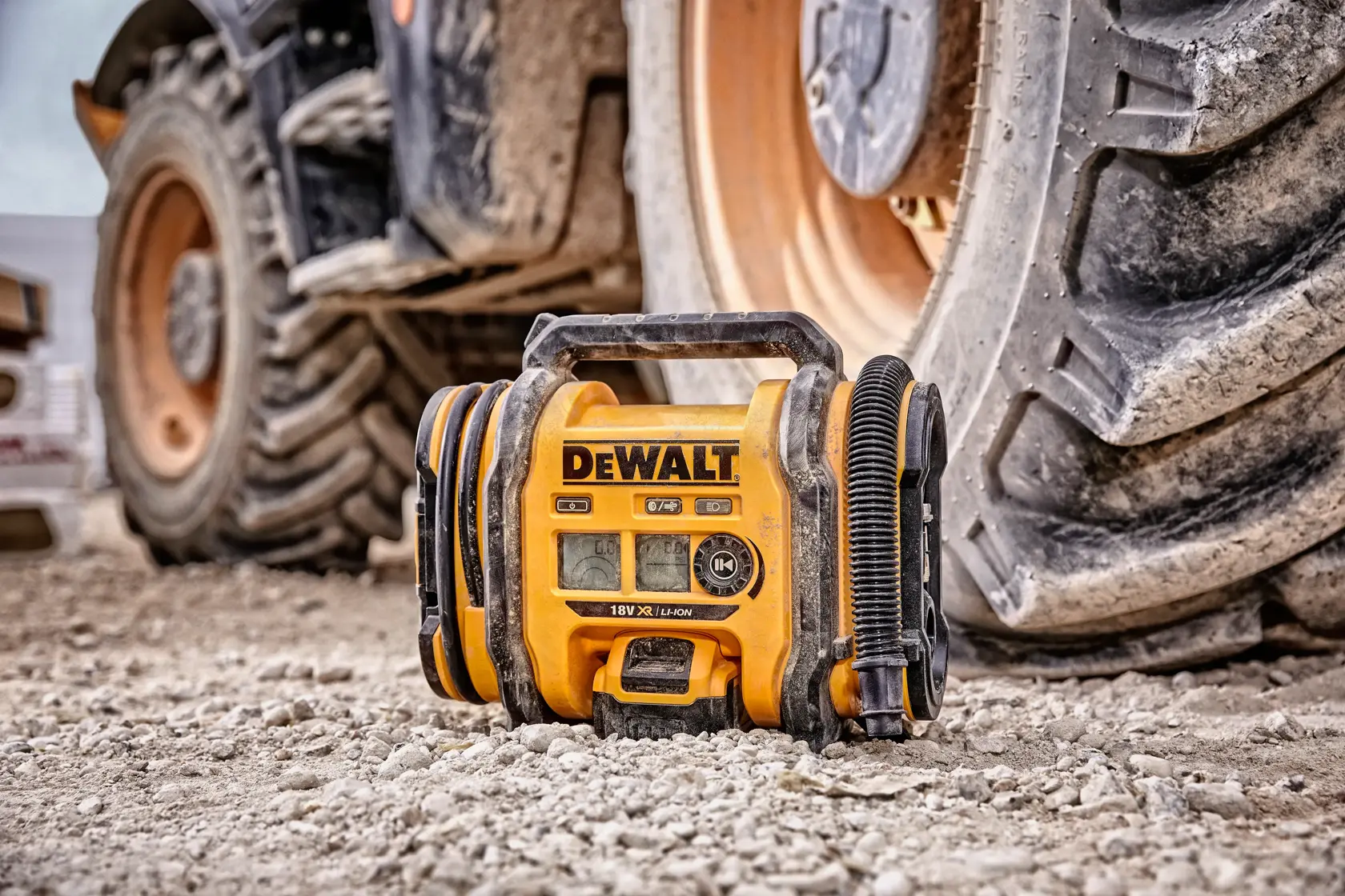 Un compresor de aire portátil DEWALT (modelo DCC018N) está situado sobre el suelo áspero de una obra junto a una rueda de vehículo grande.