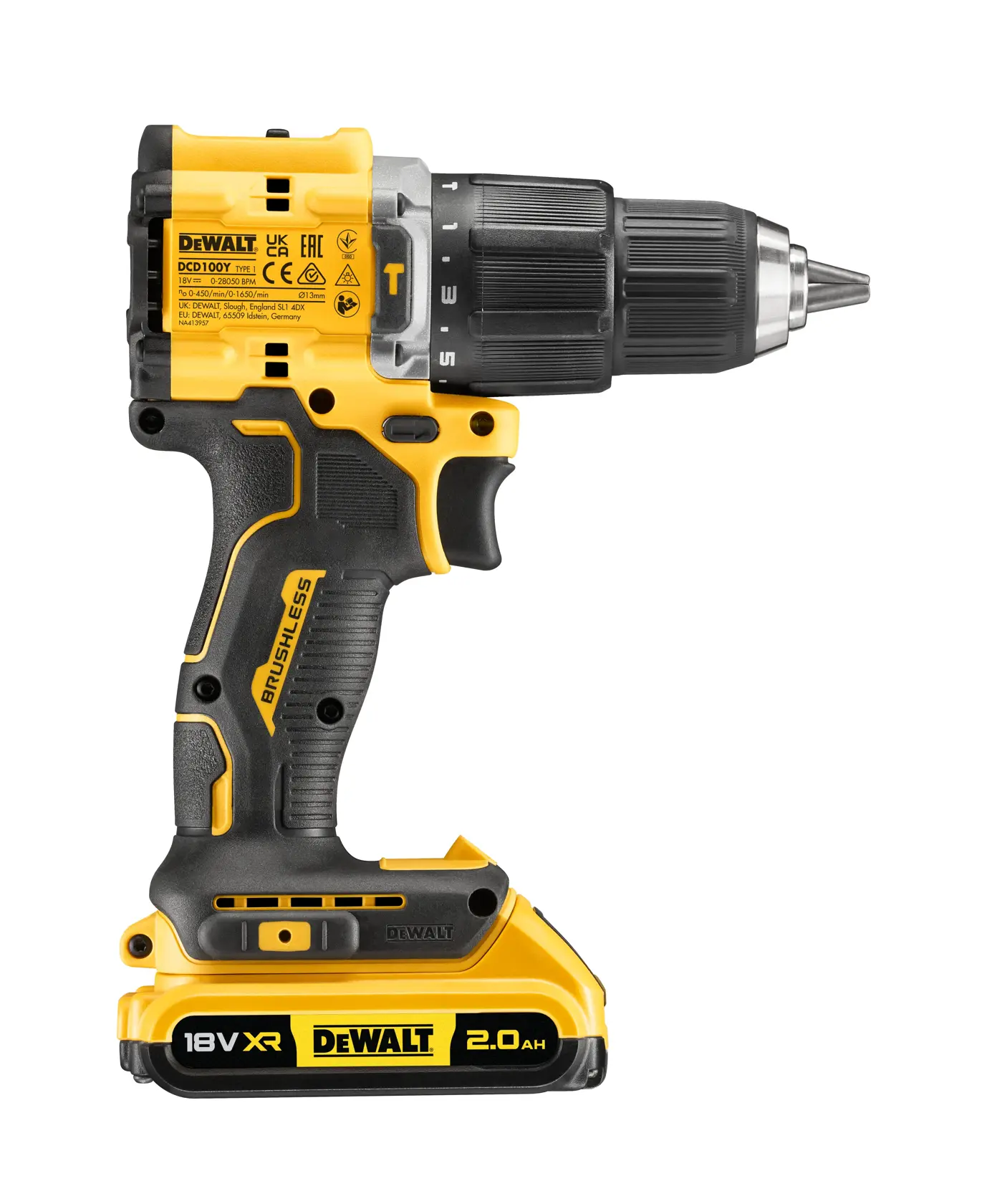 Taladro DEWALT 18V XR inalámbrico, amarillo y negro, brushless, batería 2,0Ah, vista lateral.