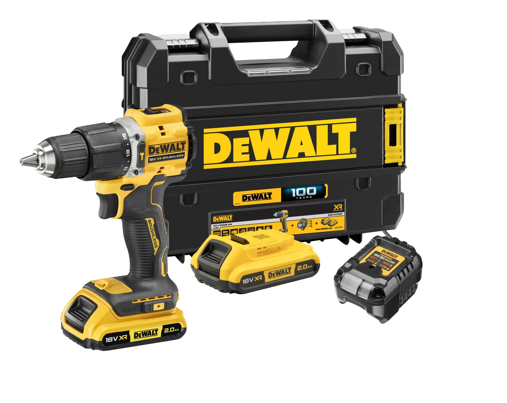 Juego de taladro inalámbrico DEWALT con estuche, dos baterías y cargador, en amarillo y negro.