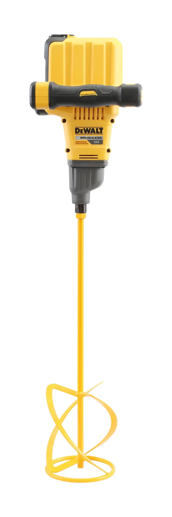 Mezclador inalámbrico DEWALT con mango amarillo y paleta de mezcla sobre fondo blanco.