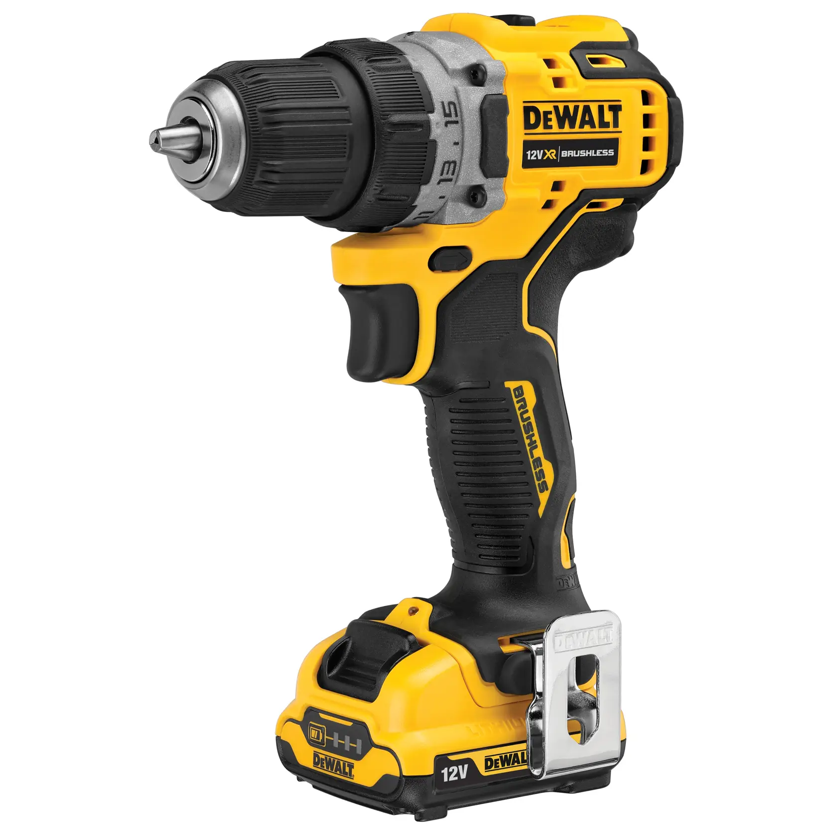 Taladro DEWALT amarillo y negro inalámbrico, batería 12V y motor sin escobillas, para tareas precisas.