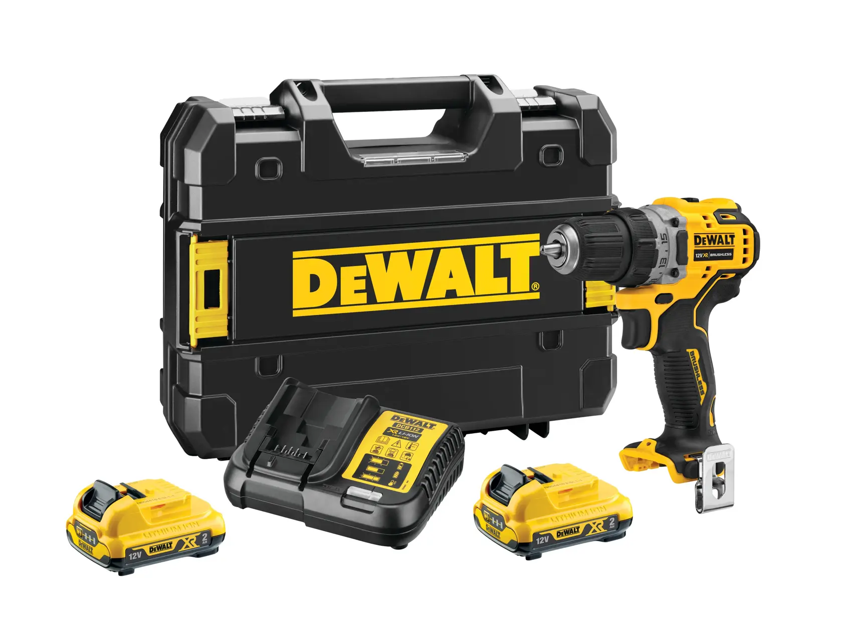 Kit de taladro inalámbrico DEWALT que incluye un taladro negro y amarillo, dos baterías recargables, un cargador de baterías y un estuche de transporte negro resistente con el logo DEWALT.