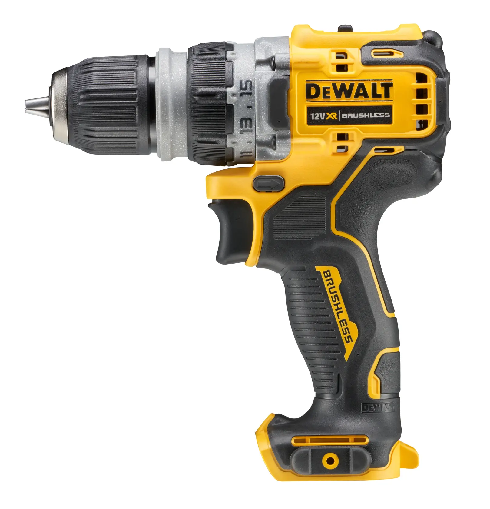 Taladro DEWALT 12V XR brushless inalámbrico, negro y amarillo, con agarre ergonómico y mandril ajustable.