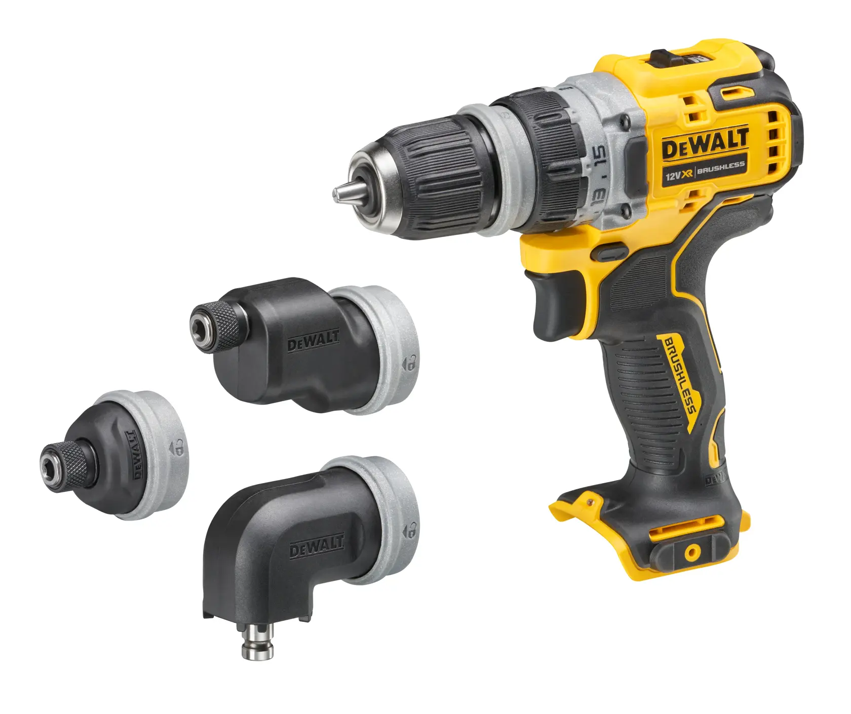 Taladro inalámbrico DEWALT con tres accesorios intercambiables sobre fondo blanco.