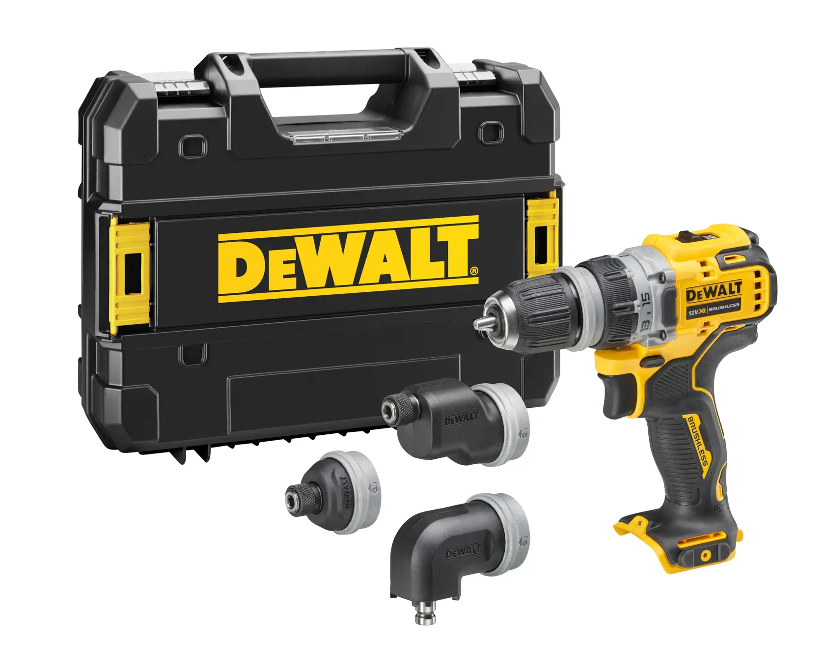 Un set de taladro inalámbrico DEWALT que incluye un taladro eléctrico amarillo y negro, tres cabezales de taladro intercambiables y un maletín negro con el logotipo DEWALT.