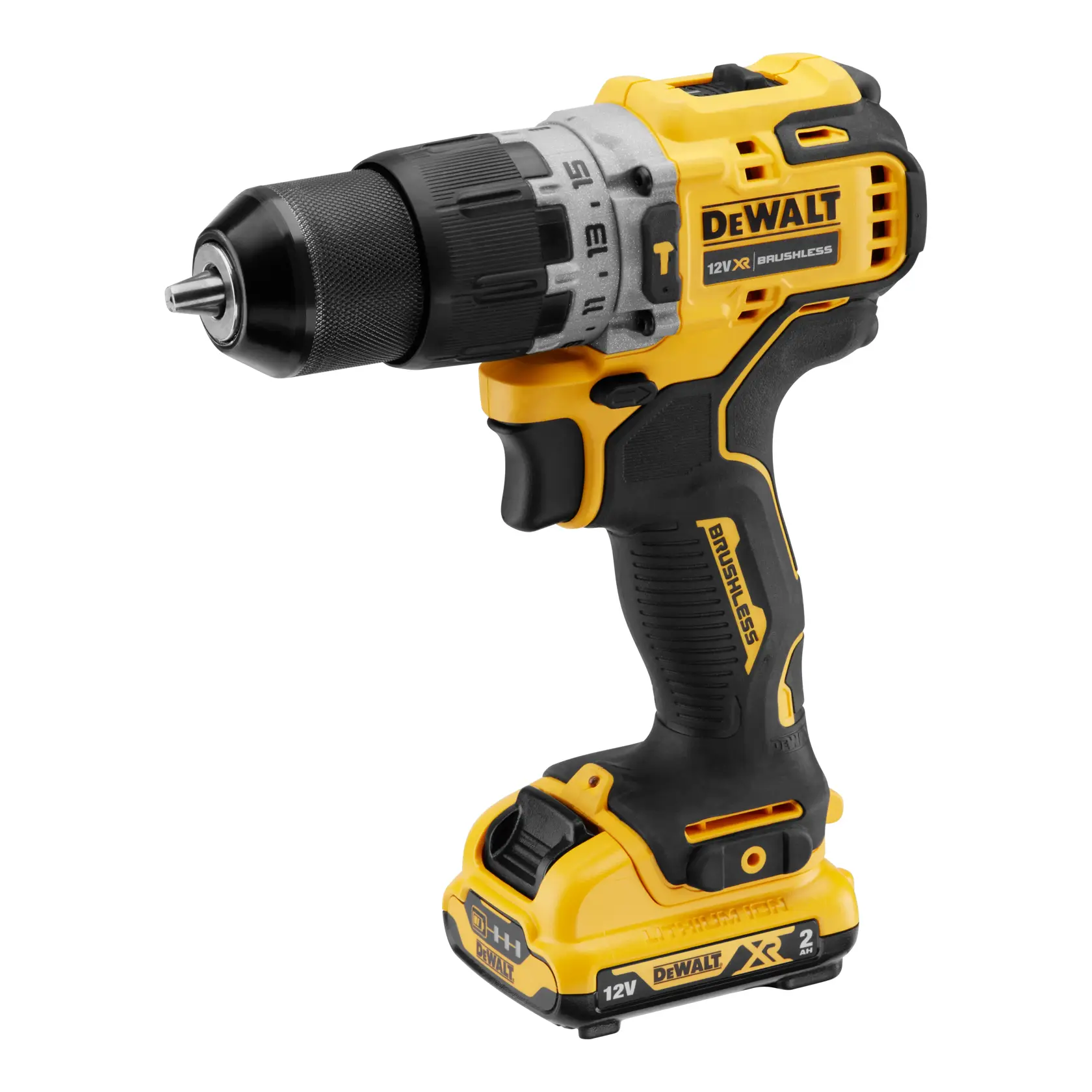Taladro inalámbrico DEWALT amarillo y negro, 12V XR brushless, agarre ergonómico y par ajustable.