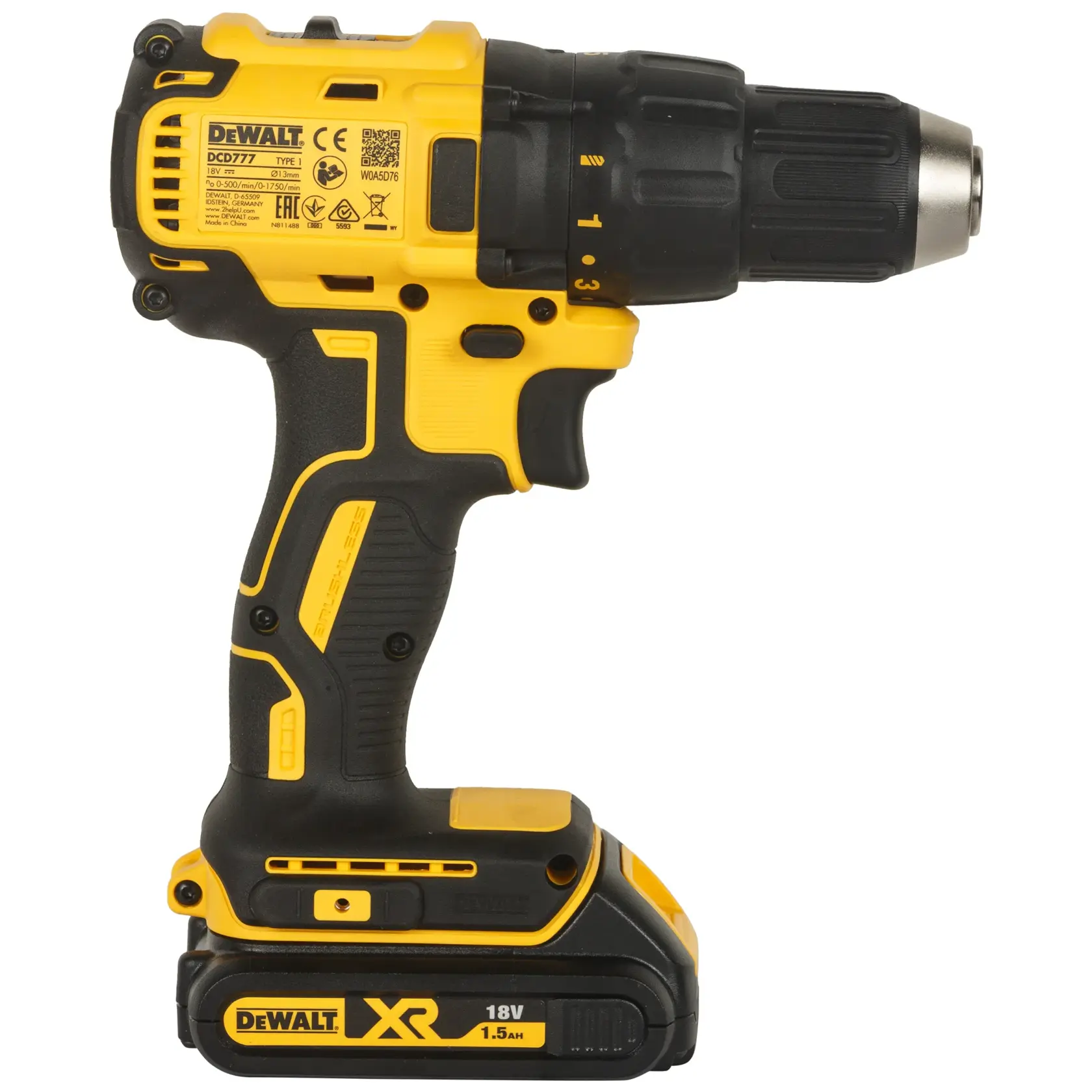 Taladro atornillador DEWALT DCD777S2T 18V inalámbrico, color negro y amarillo, vista lateral.