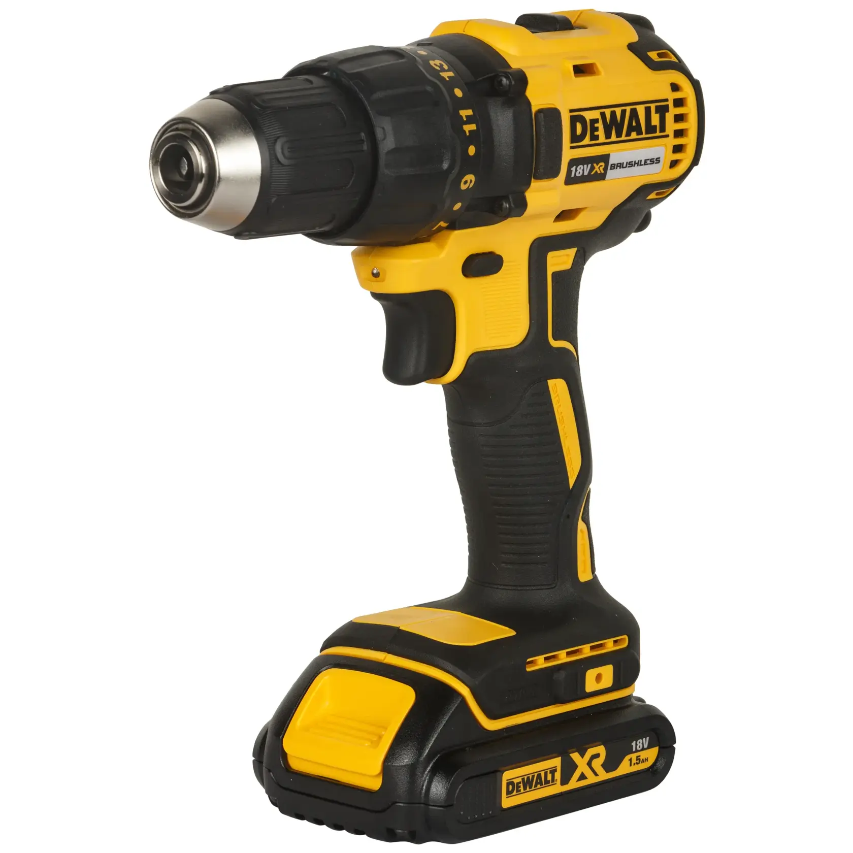 Taladro inalámbrico DEWALT 18V XR amarillo y negro, de pie sobre un fondo blanco.