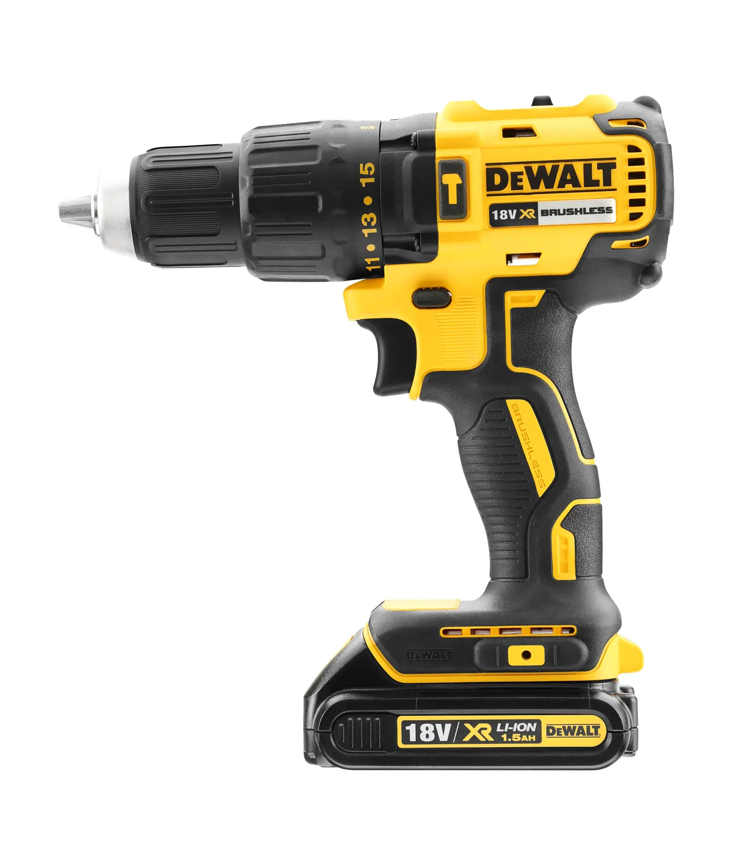 Taladro DEWALT 18V XR inalámbrico con motor brushless, negro y amarillo, vista lateral sobre fondo blanco.